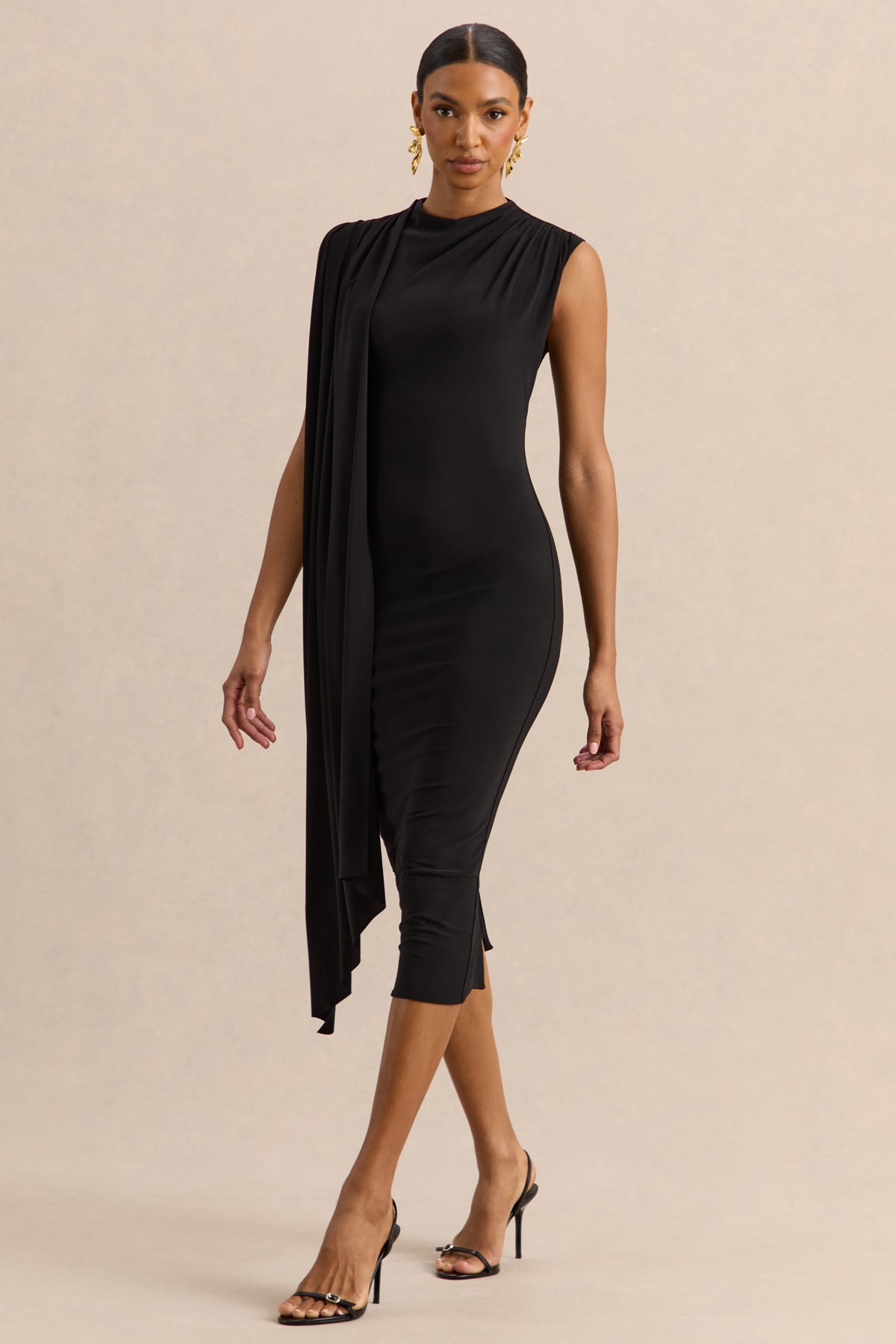 black high neck midi dress Oleandra | Black High-Neck Midi-Dress With Draped-Detail