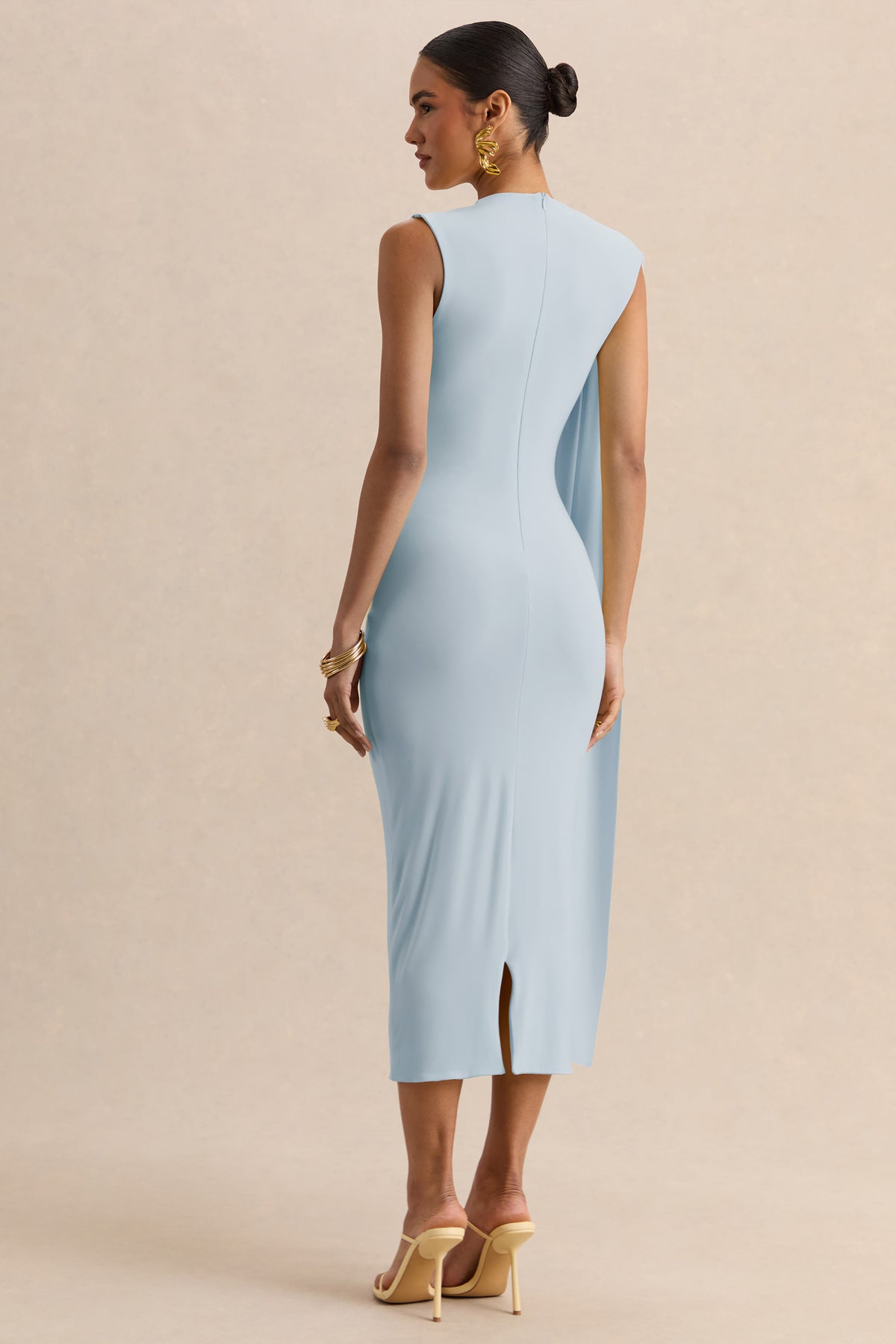 Oleandra | Light BLUE High-Neck Midi-Dress With Draped-Detail - UK 10 Light BLUE Oleandra | Light BLUE High-Neck Midi-Dress With Draped-Detail - UK 10 Light BLUE