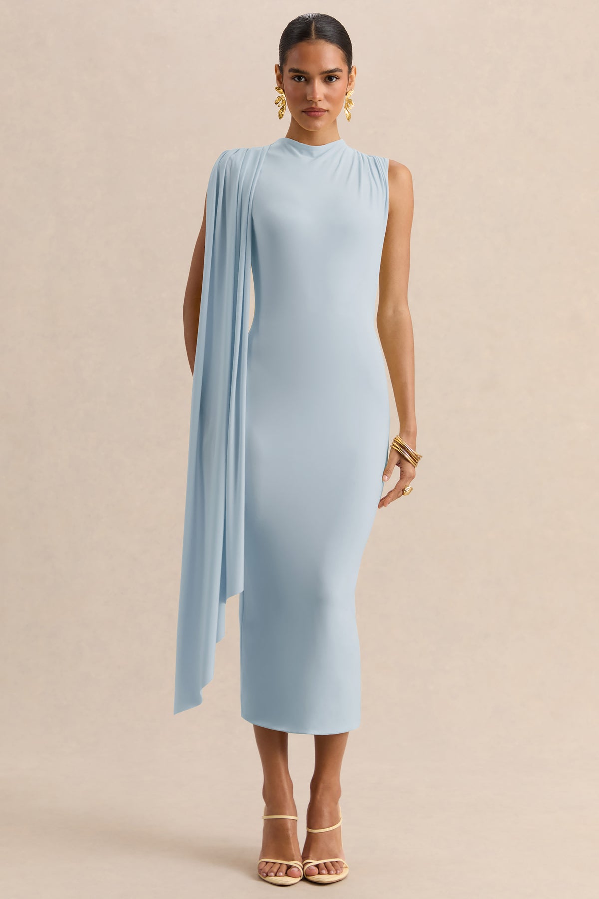 Oleandra | Light BLUE High-Neck Midi-Dress With Draped-Detail - UK 10 Light BLUE Oleandra | Light BLUE High-Neck Midi-Dress With Draped-Detail - UK 10 Light BLUE