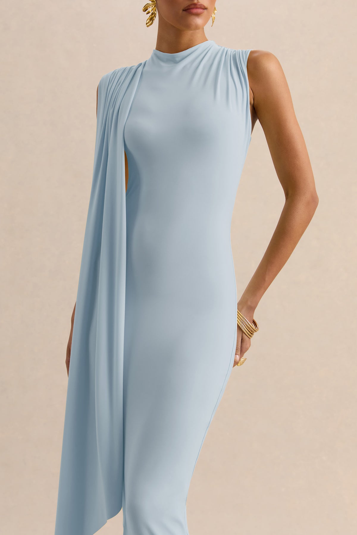 Oleandra Light Blue High-Neck Midi-Dress With Draped-Detail  Club L London  - USA