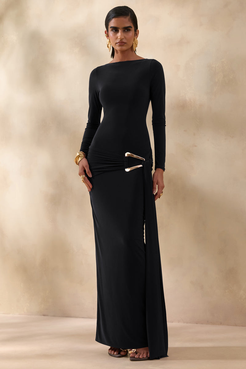 Beau | Black Lace High-Neck Maxi Dress With Draped Detail – Club L London