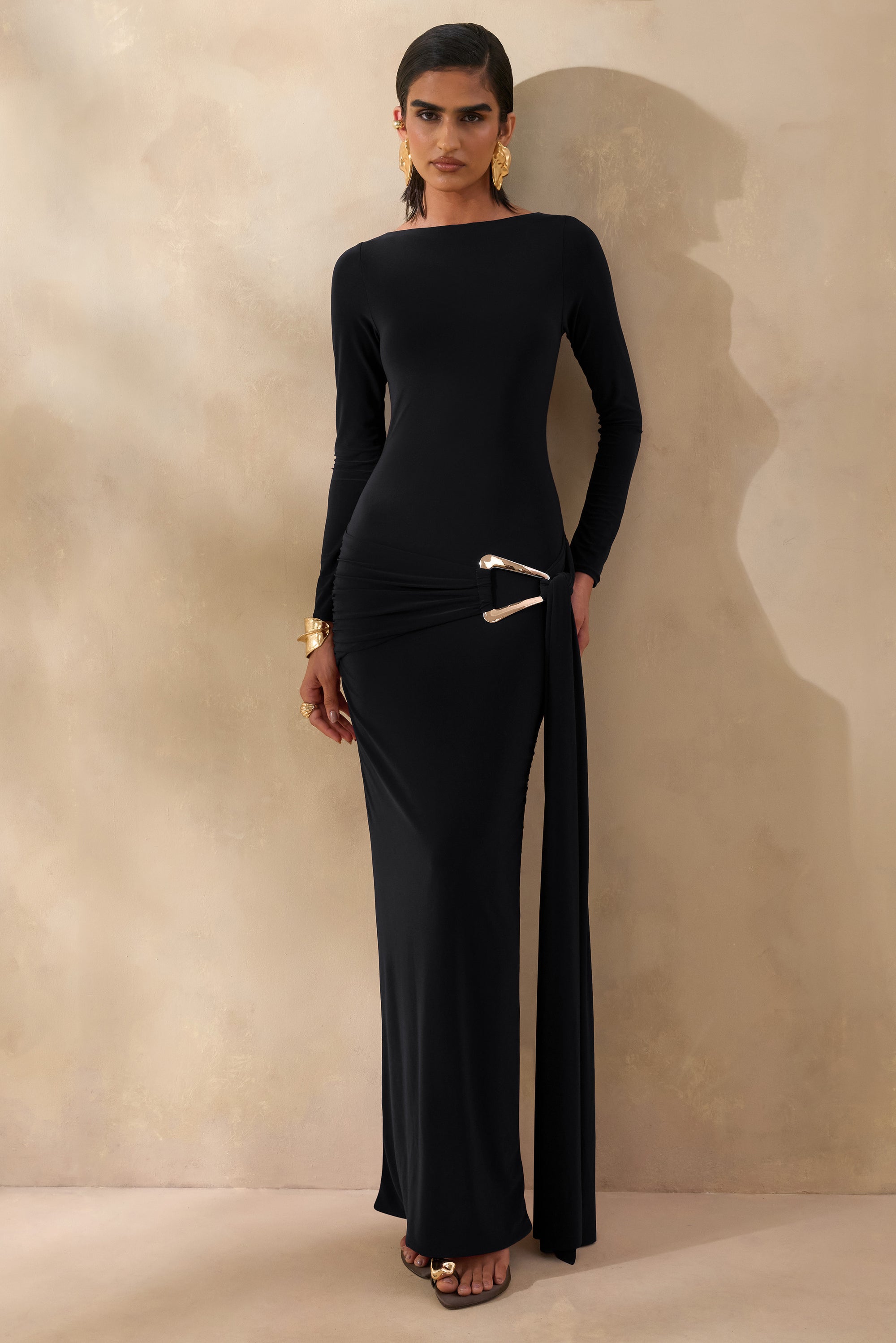 long sleeve black and gold formal dress Long Sleeves Black Prom Dress With Gold Beaded Bodice