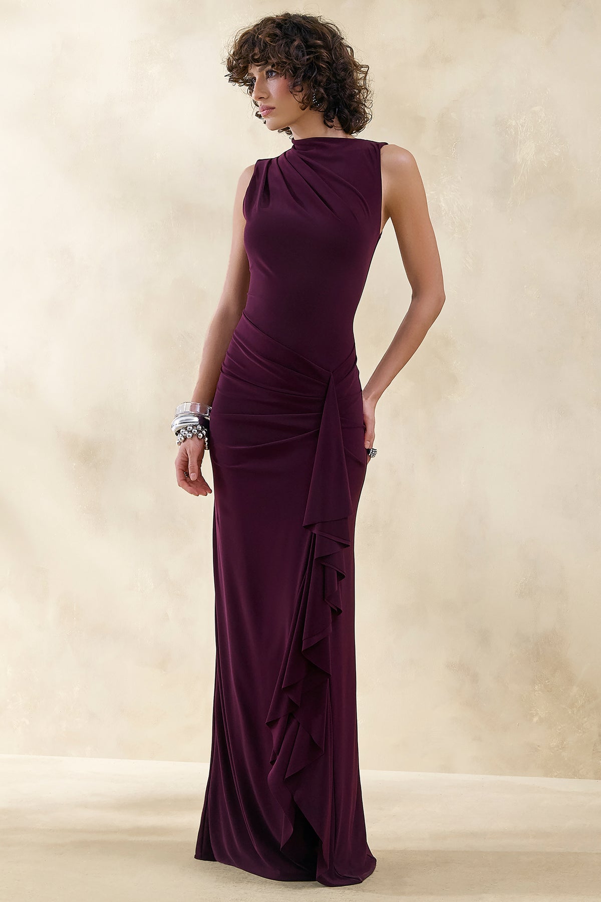 Helessia Dark Plum Asymmetric-Neck Maxi Dress With Gathered-Detailin Club L London - USA Helessia Dark Plum Asymmetric-Neck Maxi Dress With Gathered-Detailin Club L London - USA