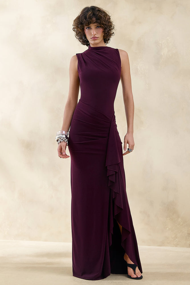 Helessia Dark Plum Asymmetric-Neck Maxi Dress With Gathered-Detailin  Club  L London - USA