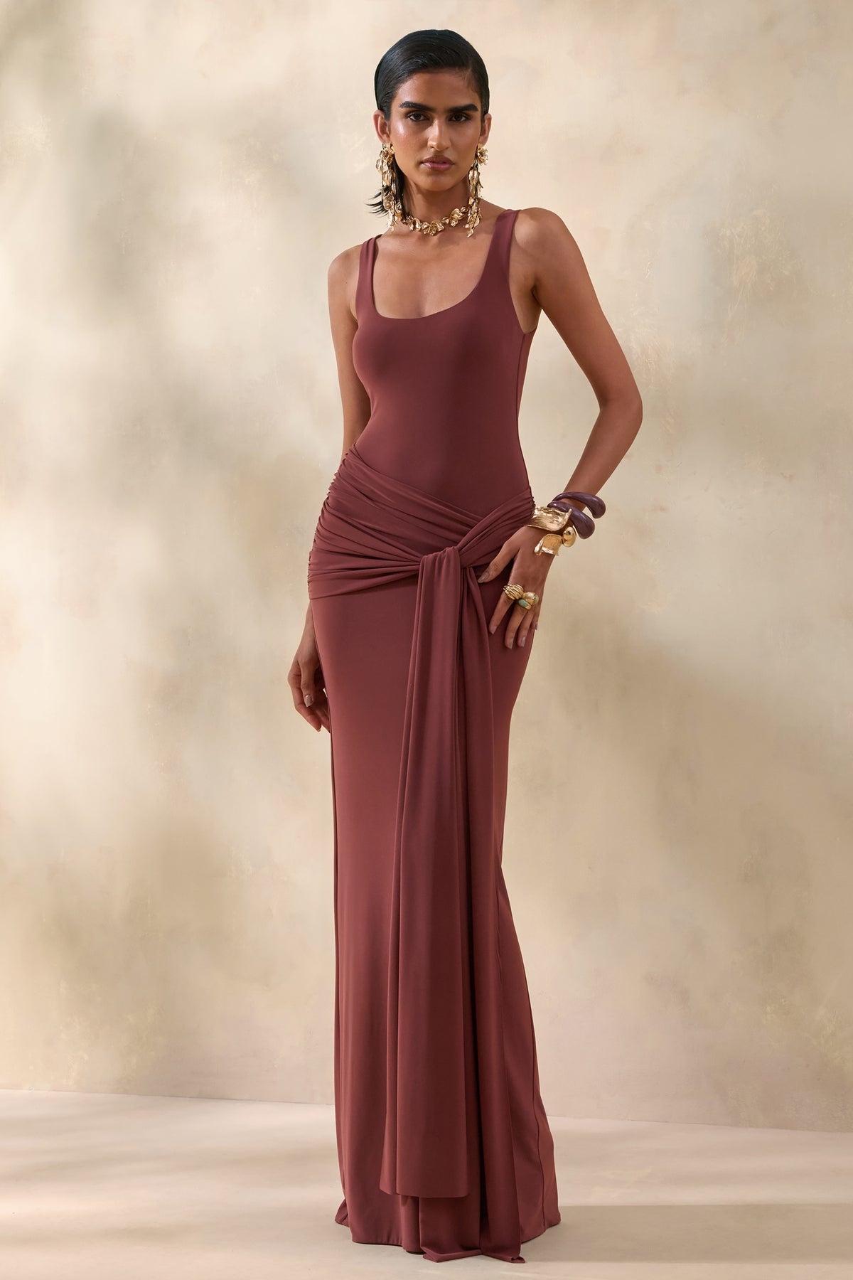 Lienna Brown Scoop-Neck Maxi Dress With Gathered-Detail And Sash Club L London - USA Lienna Brown Scoop-Neck Maxi Dress With Gathered-Detail And Sash Club L London - USA