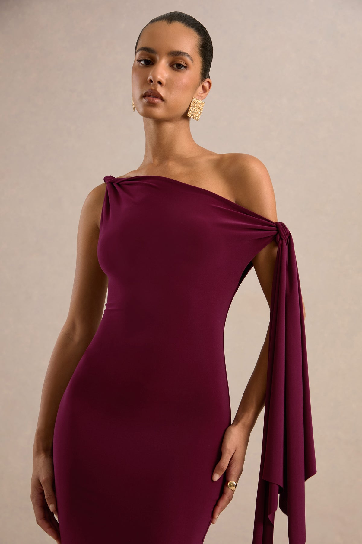 ECM_HR_CL137892102 - Arcelia Burgundy Asymmetric-Neck Midi Dress With Knot-Sleeve Detail4.jpg