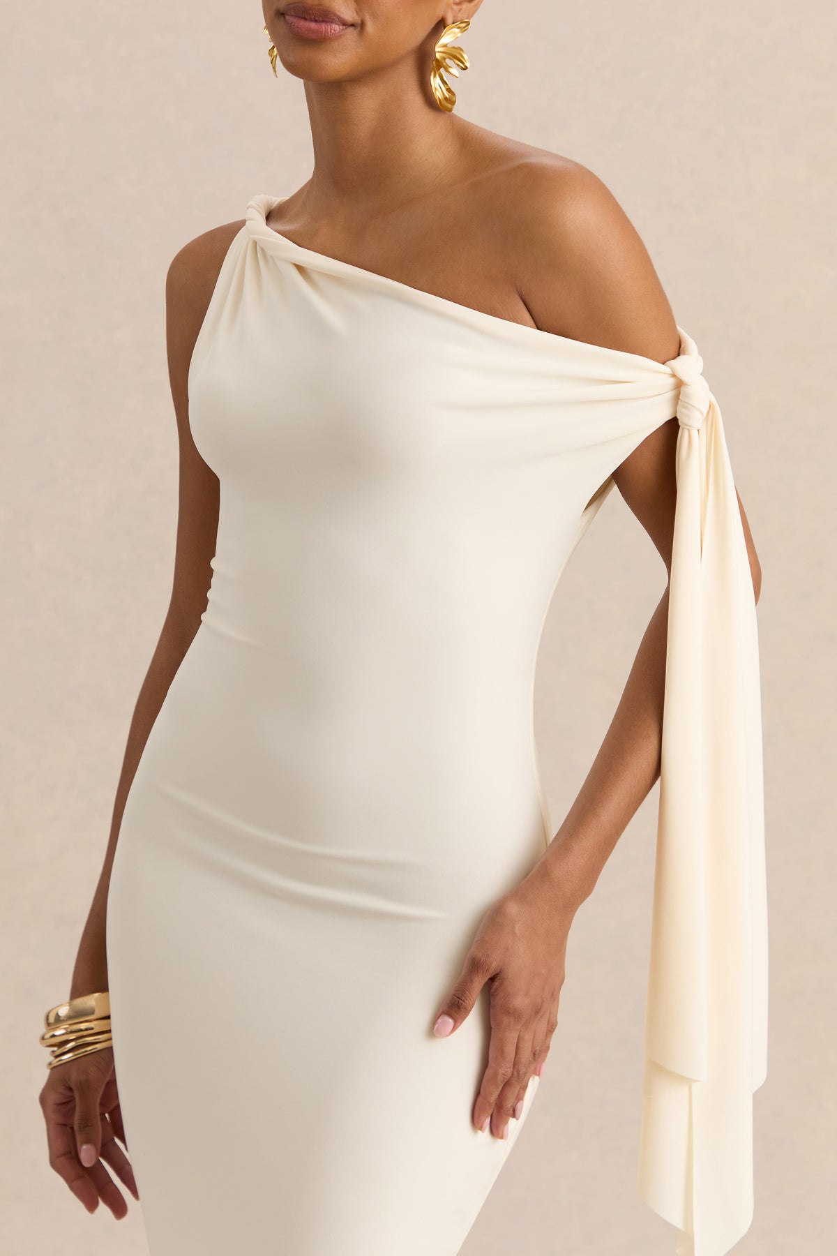 Arcelia | Cream Asymmetric-Neck Midi Dress With Knot-Sleeve Detail Arcelia | Cream Asymmetric-Neck Midi Dress With Knot-Sleeve Detail