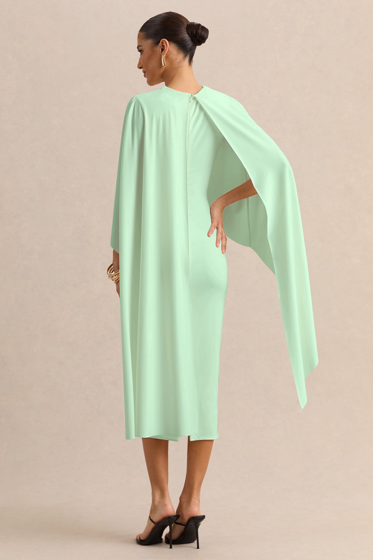Luxalyn | Green Round-Neck Midi Dress With Cape-Detail - UK 8 Green Luxalyn | Green Round-Neck Midi Dress With Cape-Detail - UK 8 Green