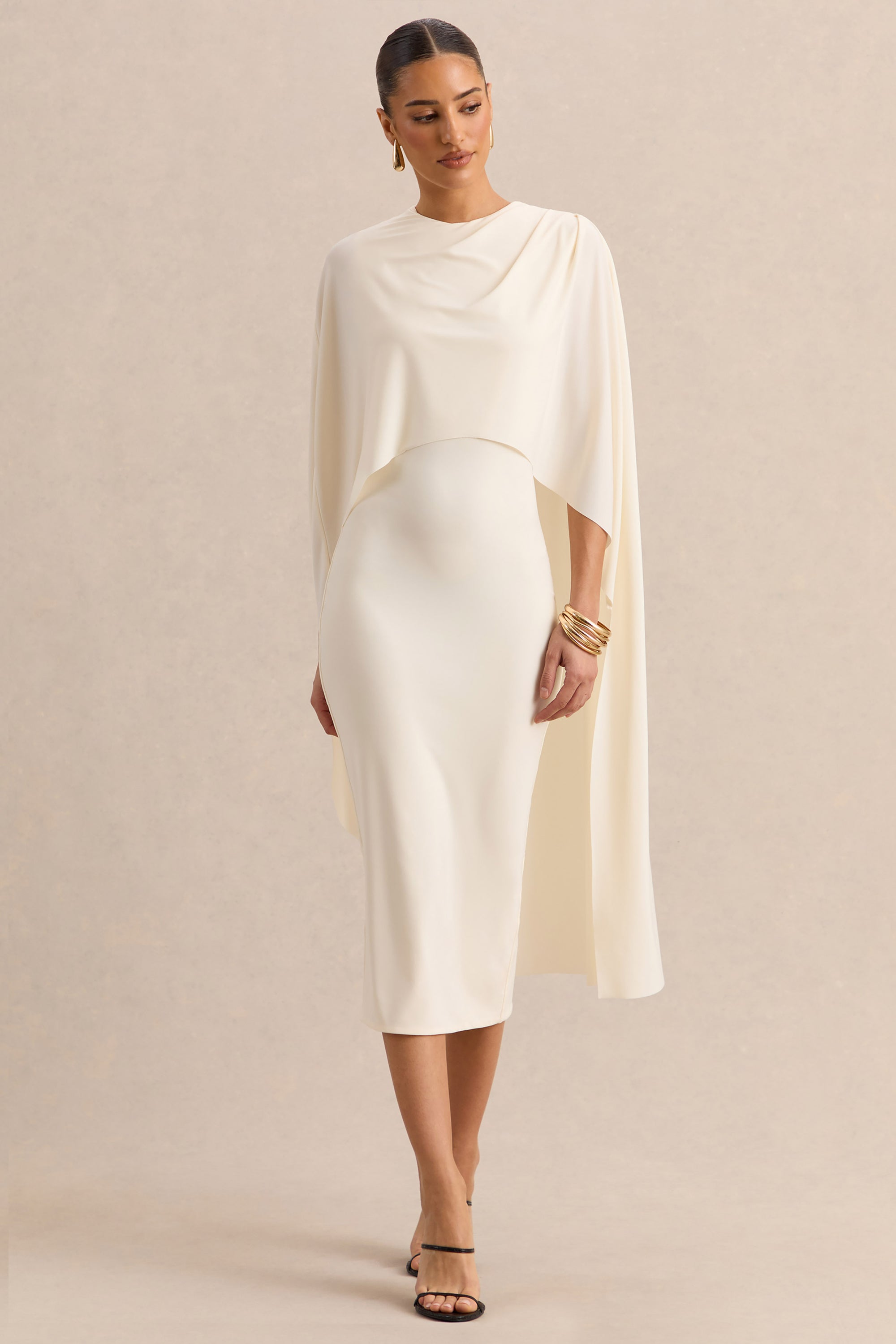 Luxalyn | Cream Round-Neck Midi Dress With Cape-Detail – Club L London