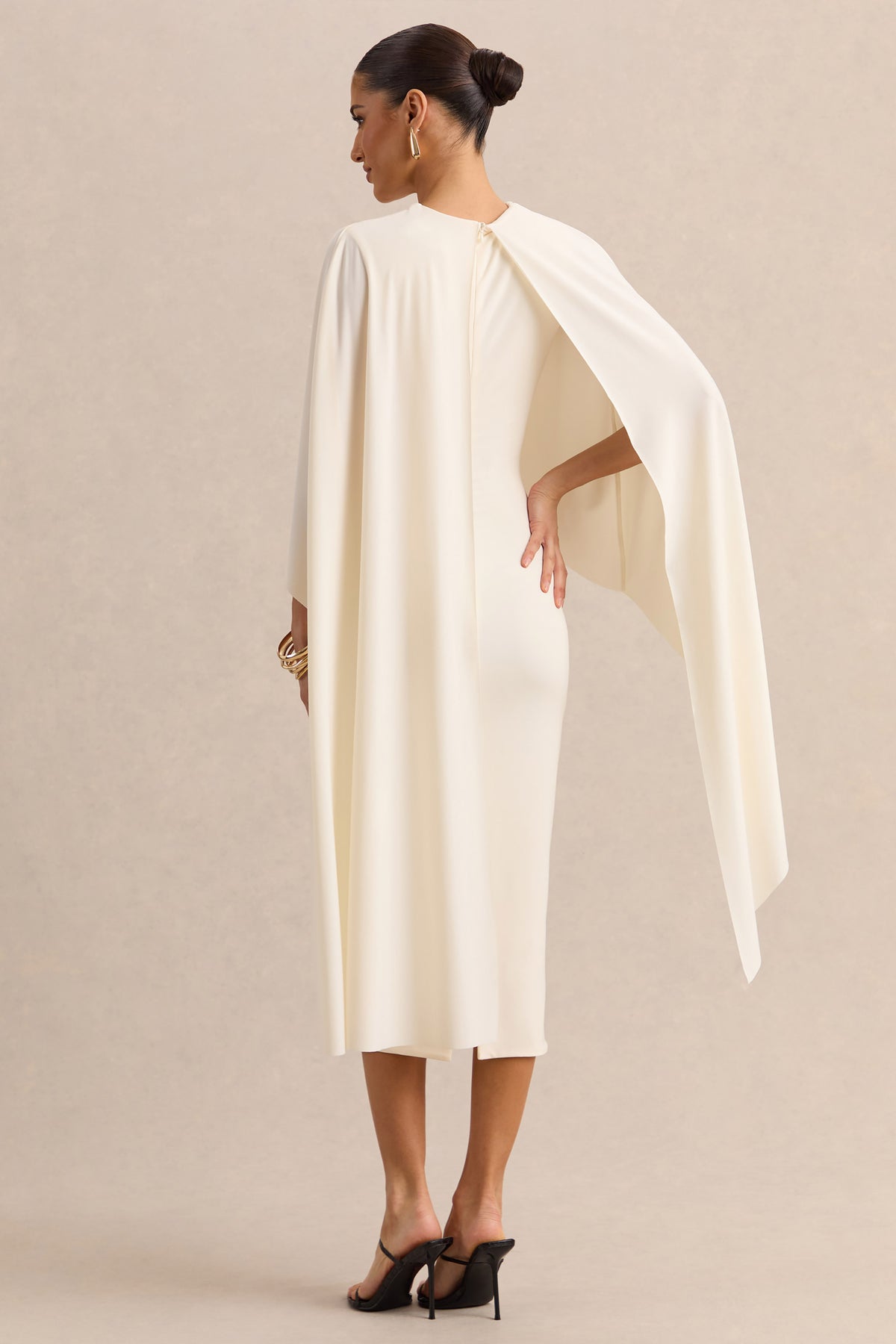 Luxalyn Cream Round-Neck Midi Dress With Cape-Detail – Club L London