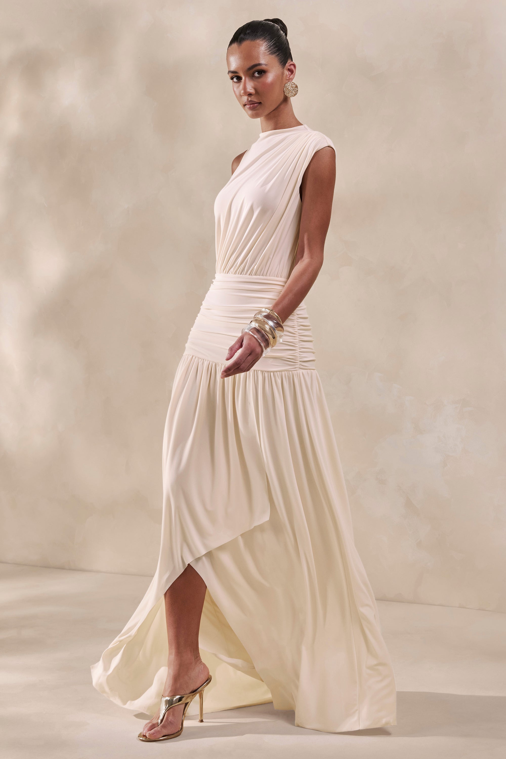 Myssara | Cream High-Neck Maxi Dress Gathered-Detailing