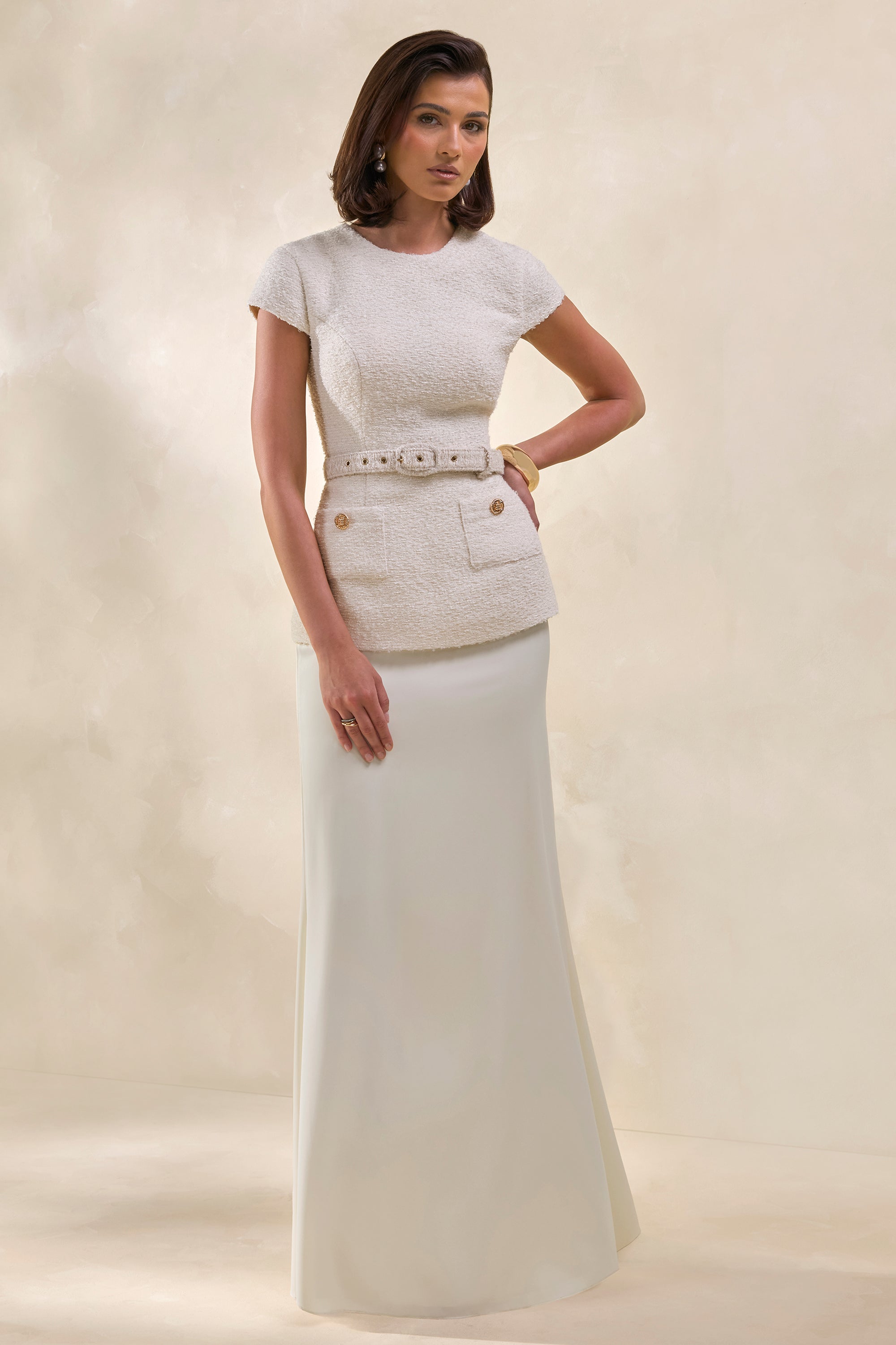 Whispera | Cream Crew-Neck Maxi Dress With Satin Skirt And Pocket-Details