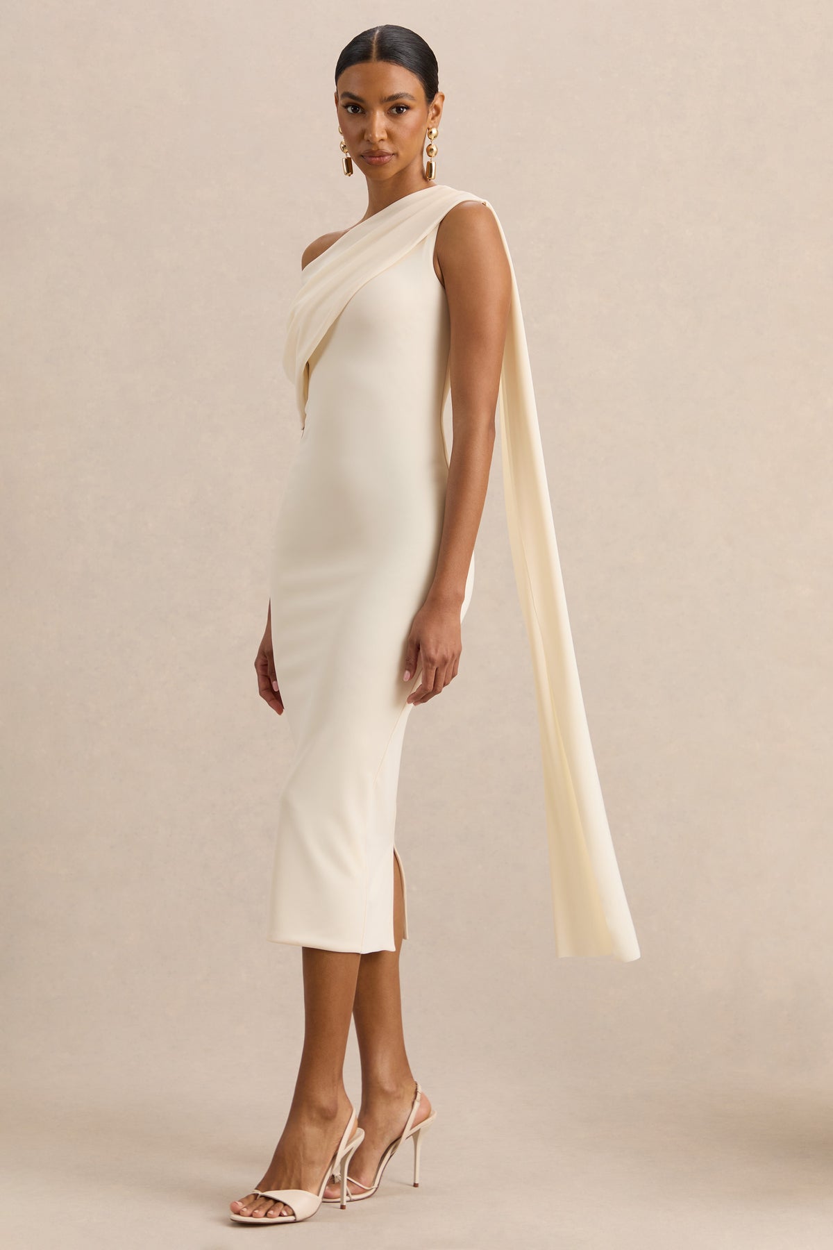 cream silk midi dress ASOS DESIGN ruched side satin midi dress with flutter sleeves in cream