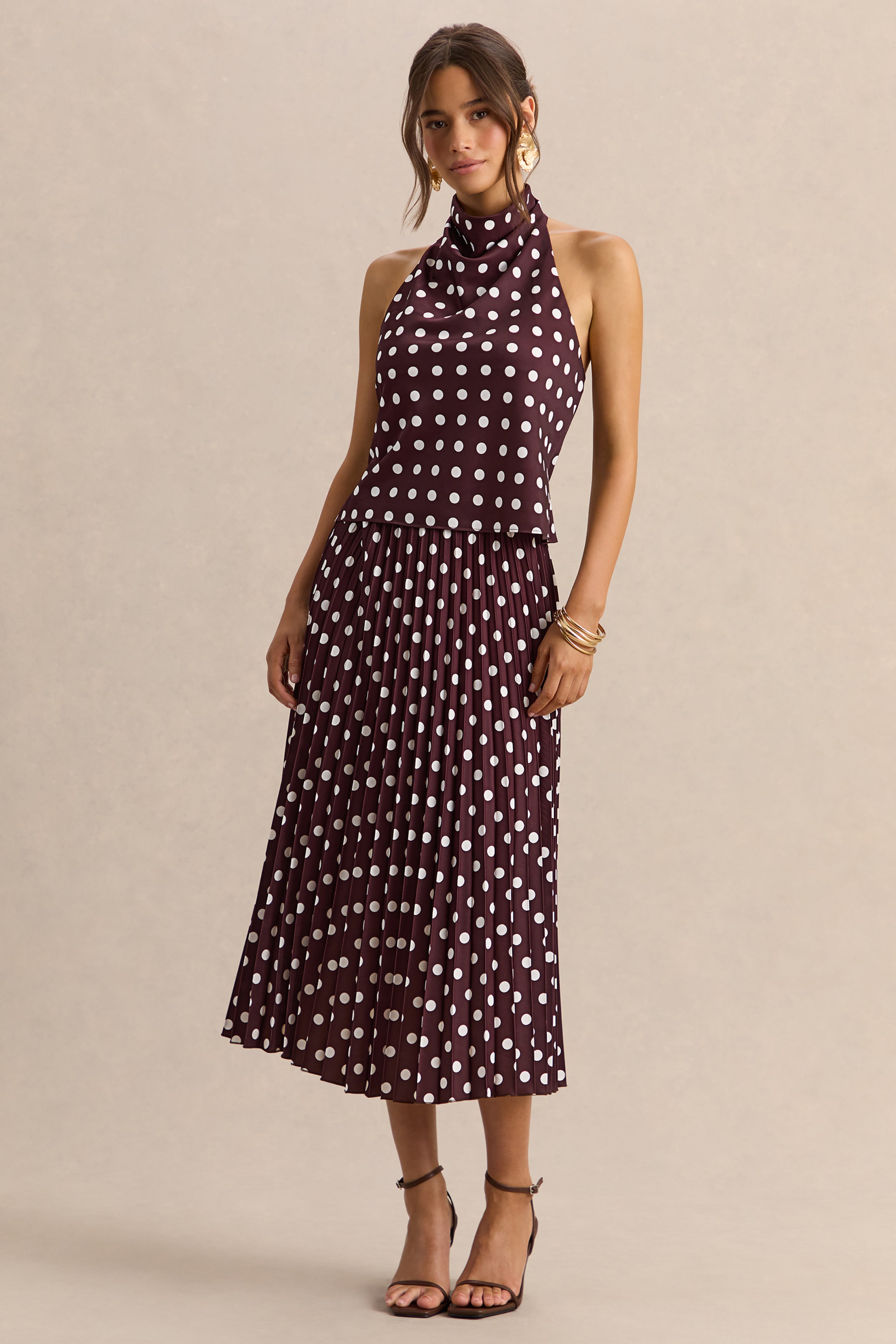 Lirona | Brown Polka-Dot Satin High-Neck Top – Club L London - USA