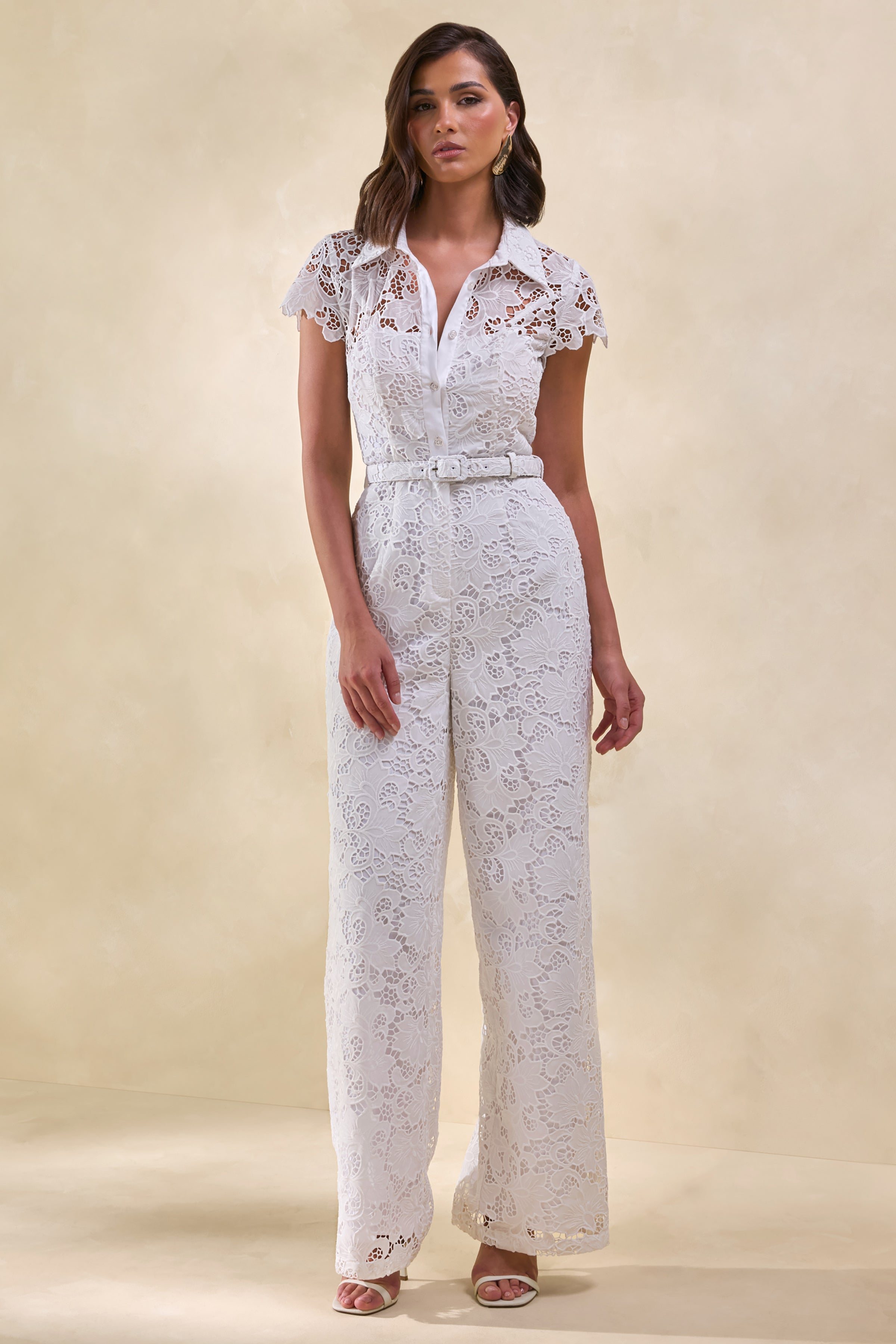 Zerelle | White Lace Collared Plunge-Neck Jumpsuit With Belt