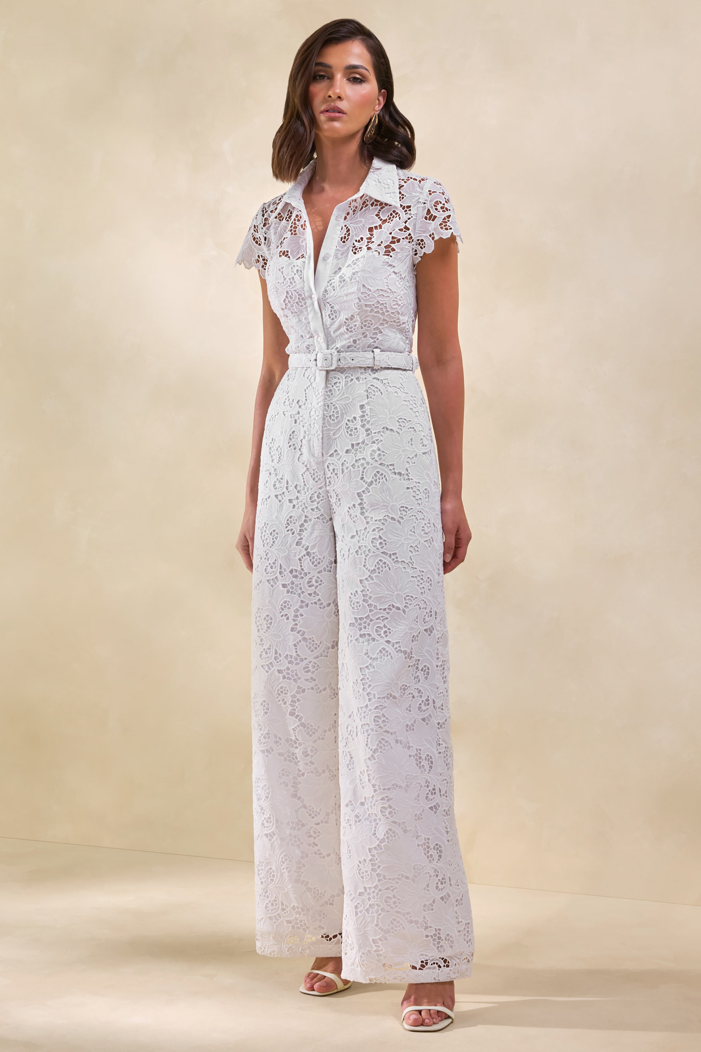 Zerelle | White Lace Collared Plunge-Neck Jumpsuit With Belt