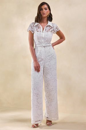 Zerelle | White Lace Collared Plunge-Neck Jumpsuit With Belt
