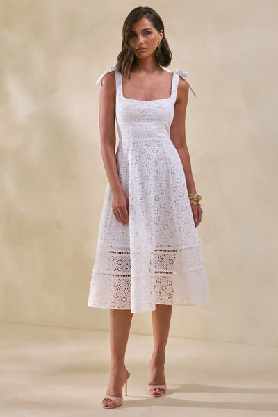 white bow midi dress Veralia | Broderie Square-Neck Midi-Dress With Bow-Sleeves Floral Lace Bridal Gown price_cn Hire Duration:7 Days Ribbons on back for