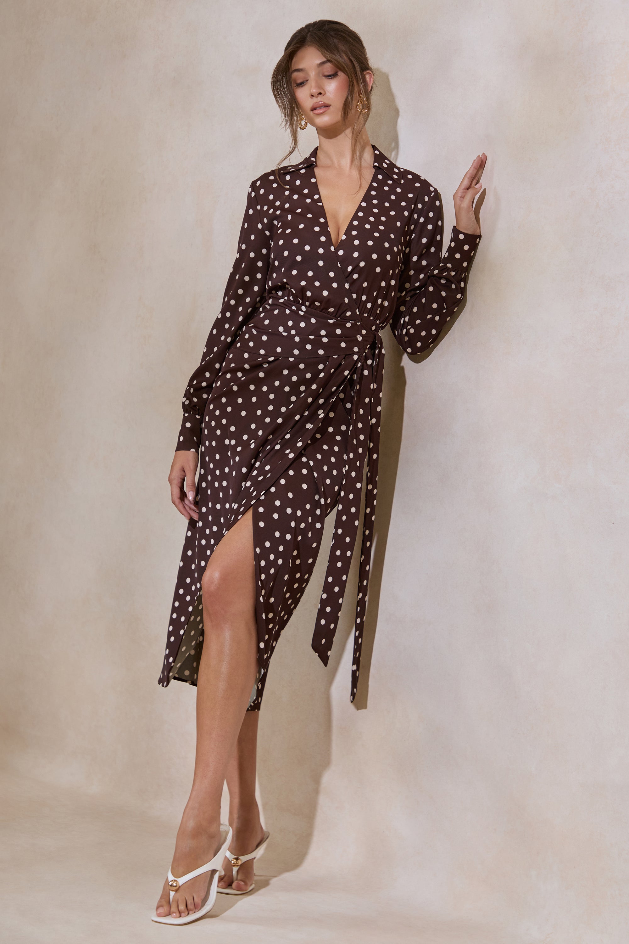 long sleeve midi wrap dress Velvet in Taupe: Sleeves, Wedding Guest and Special Occasions, for Fall and Winter Amarosia | Brown Polka-Dot Wrap