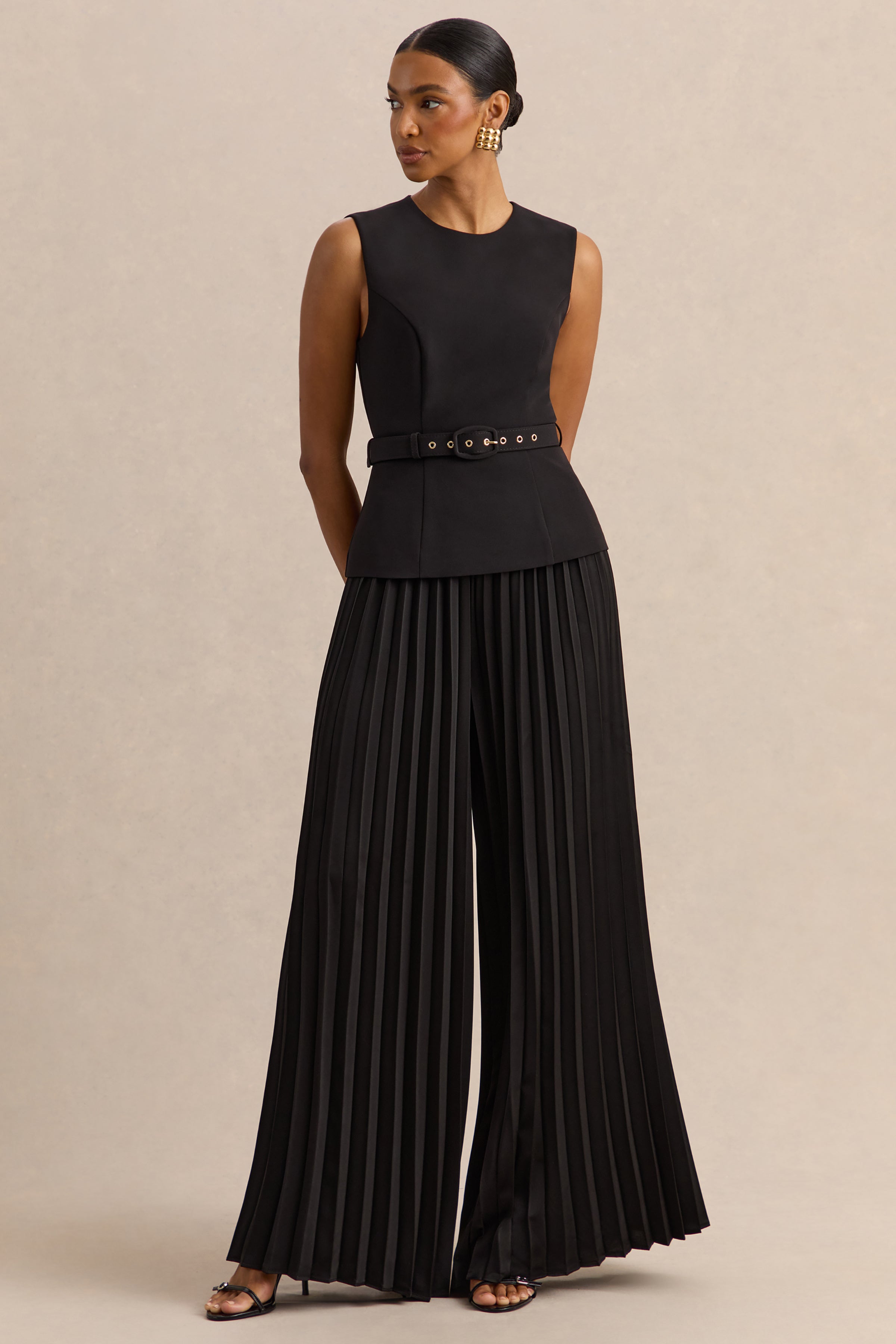Lerenza | Black Satin Wide-Leg Pleated Trousers – Club L London - USA