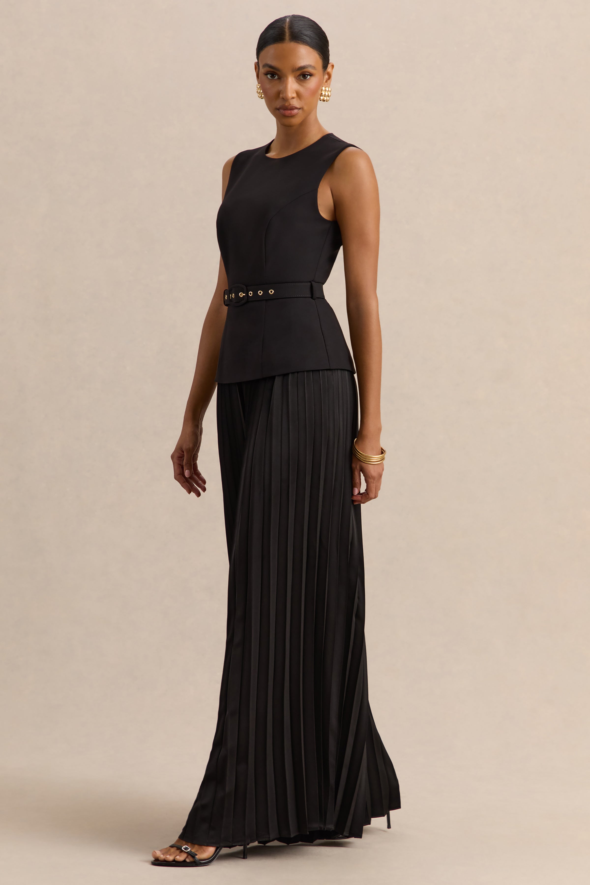 Lerenza | Black Satin Wide-Leg Pleated Trousers – Club L London - USA