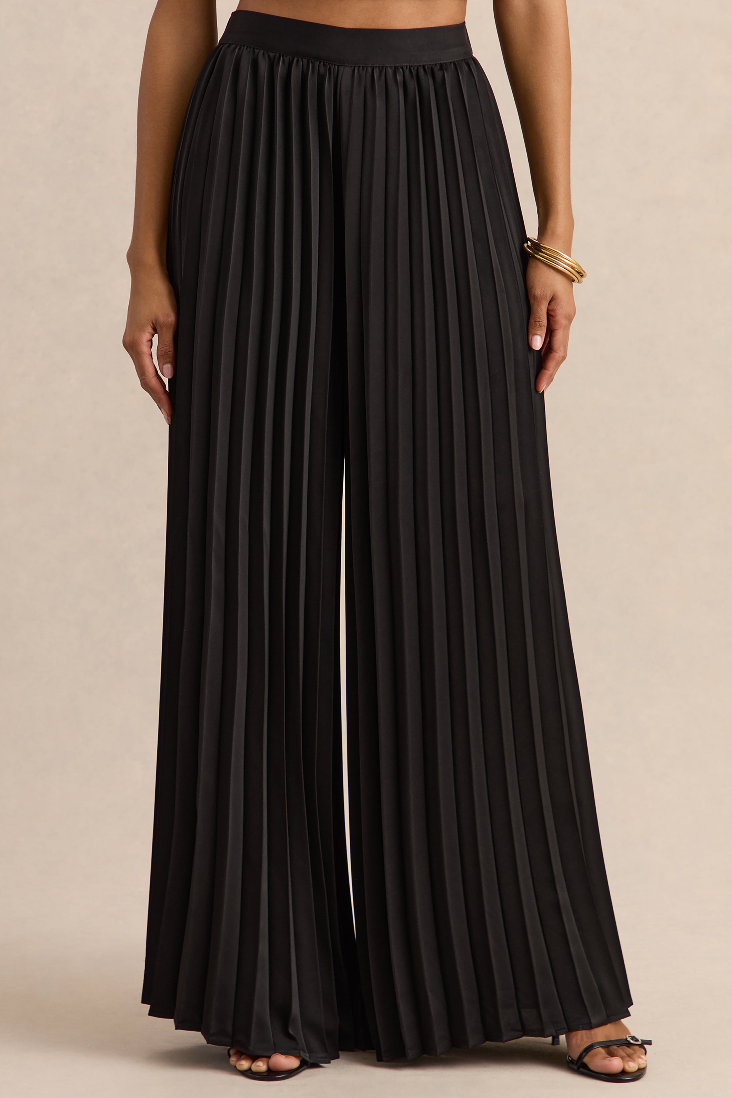 Lerenza | Black Satin Wide-Leg Pleated Trousers – Club L London - USA