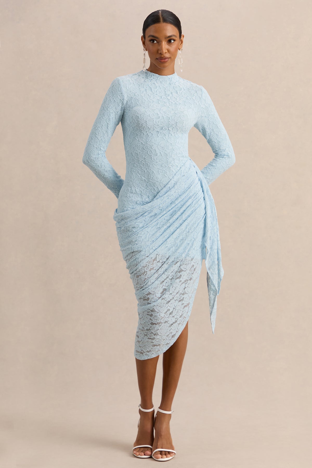 Laureline | Powder BLUE Lace Crew-Neck Midi Dress With Draped-Detail And Asymmetric-Hem - UK 12 LIGHT BLUE Laureline | Powder BLUE Lace Crew-Neck Midi Dress With Draped-Detail And Asymmetric-Hem - UK 12 LIGHT BLUE