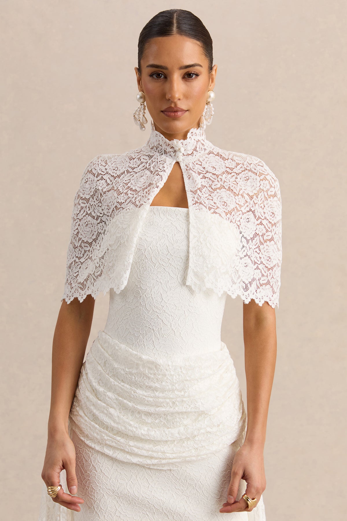 Caliro | White Lace High-Neck Short Cape - UK 16 White Caliro | White Lace High-Neck Short Cape - UK 16 White