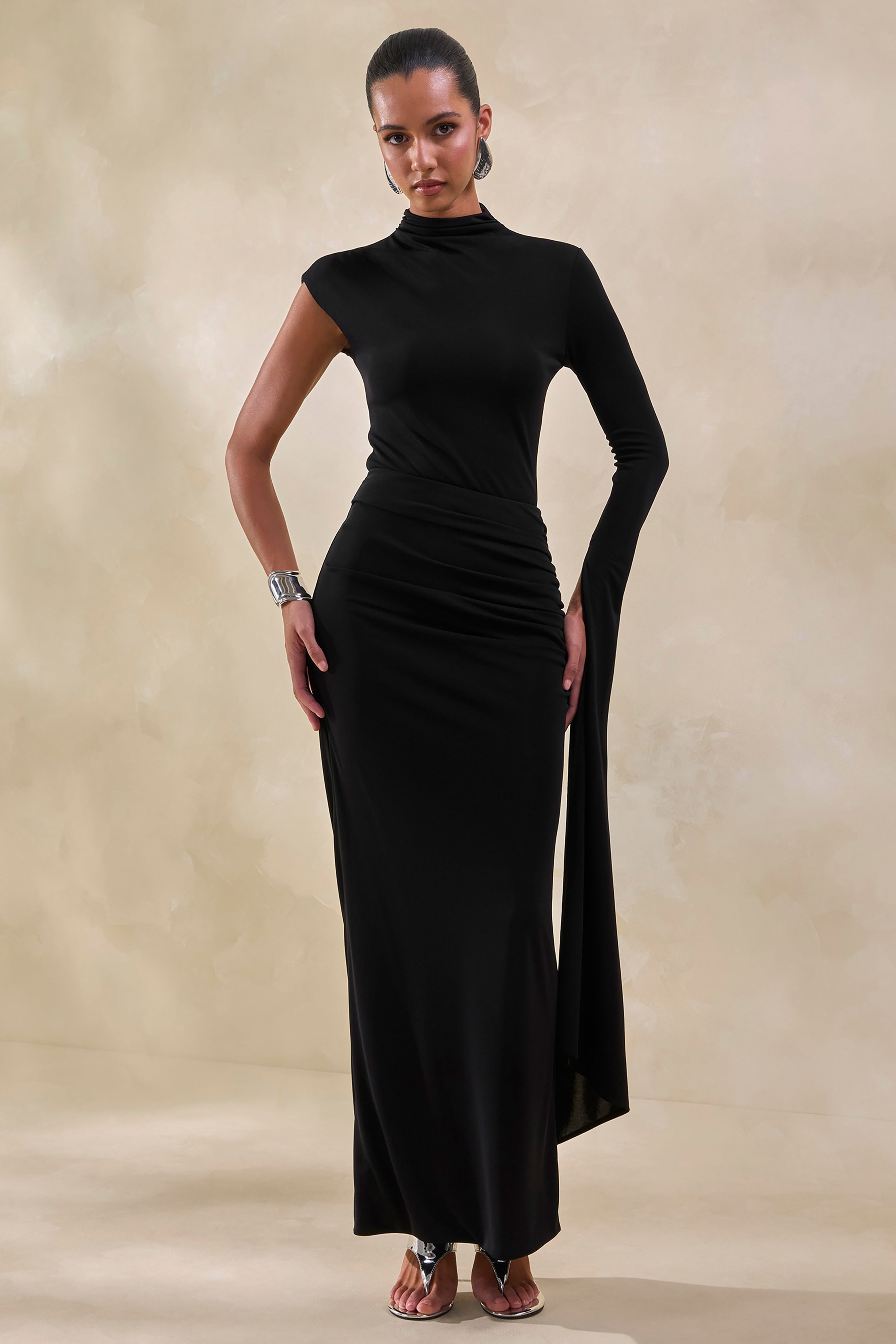 Adessa | Black Asymmetric Waist Ruched Maxi Skirt – Club L London