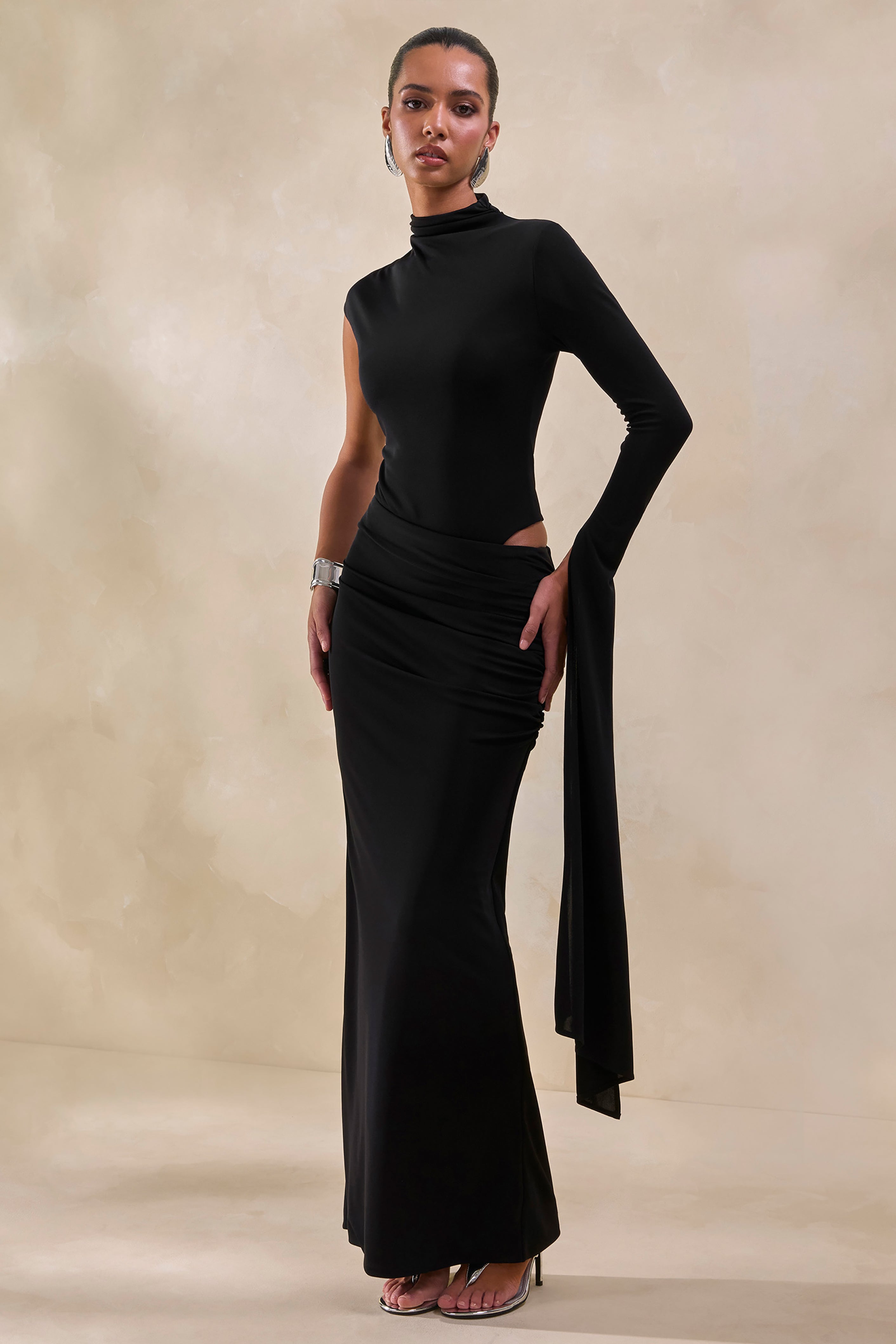 Adessa | Black Asymmetric Waist Ruched Maxi Skirt – Club L London