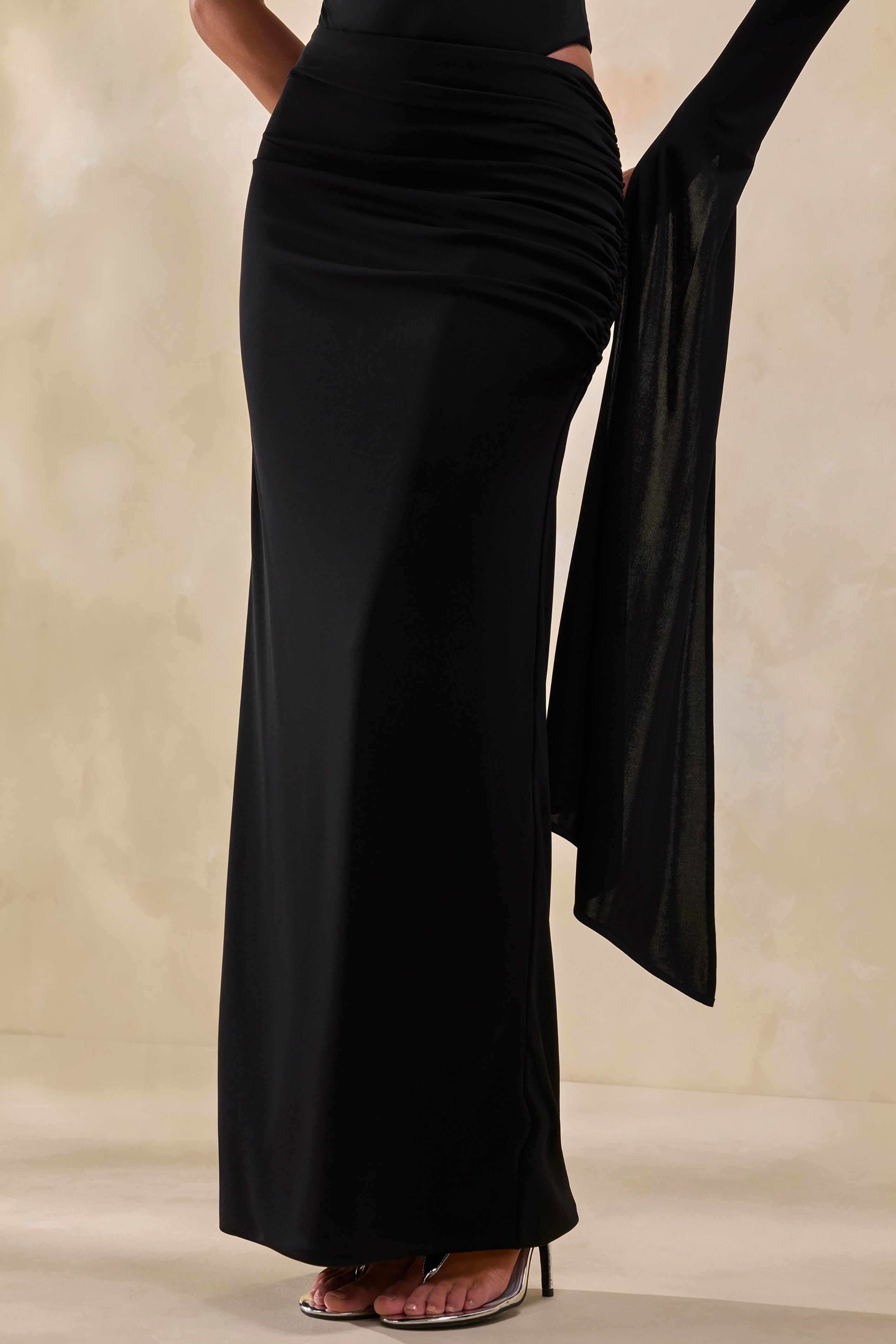 Adessa | Black Asymmetric Waist Ruched Maxi Skirt – Club L London