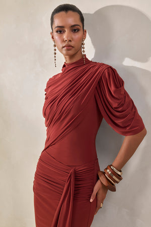 Fenicia | Rust High-Neck Thong Bodysuit With Cape Detail – Club L