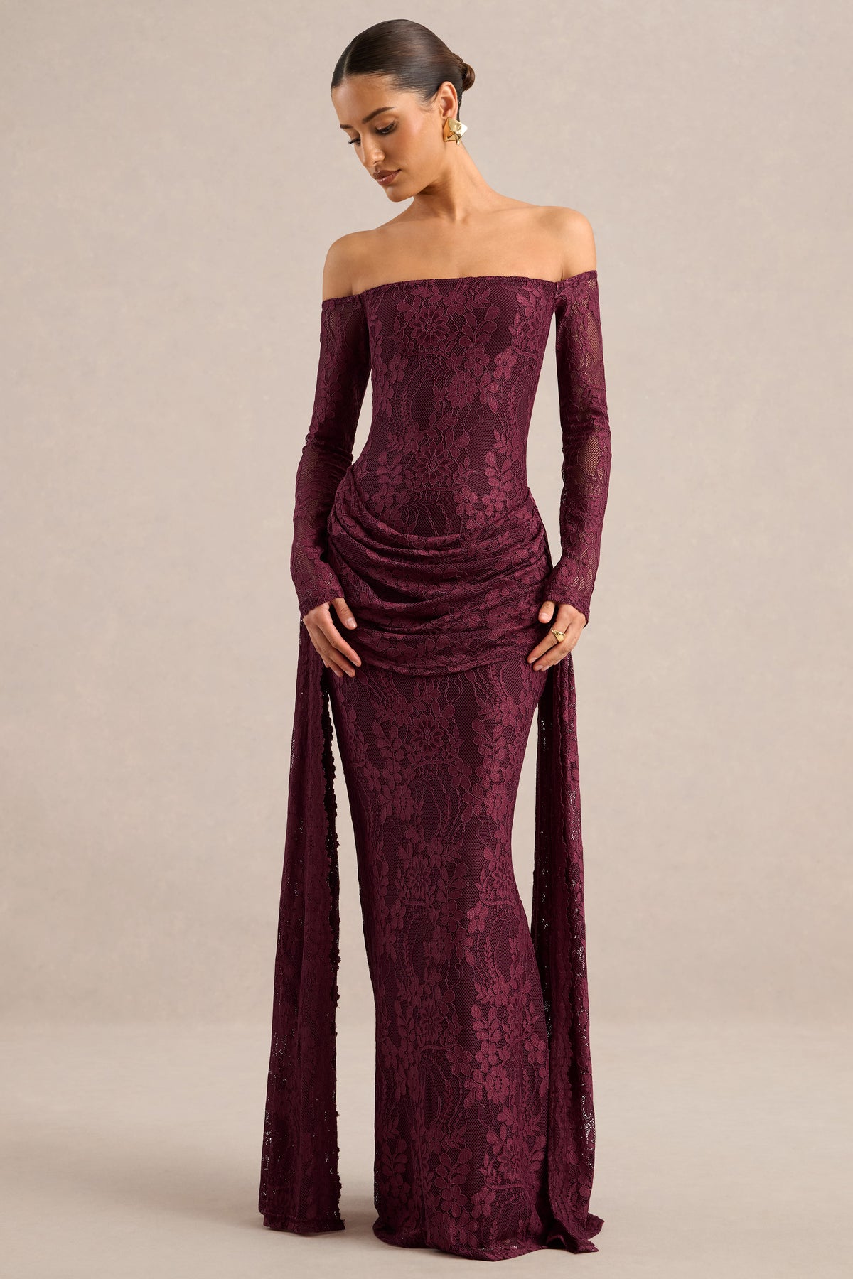 ECM_HR_CL137970102 - Parisse _ Burgundy Lace Bardot-Neck Maxi Dress With Draped-Detailing0.jpg