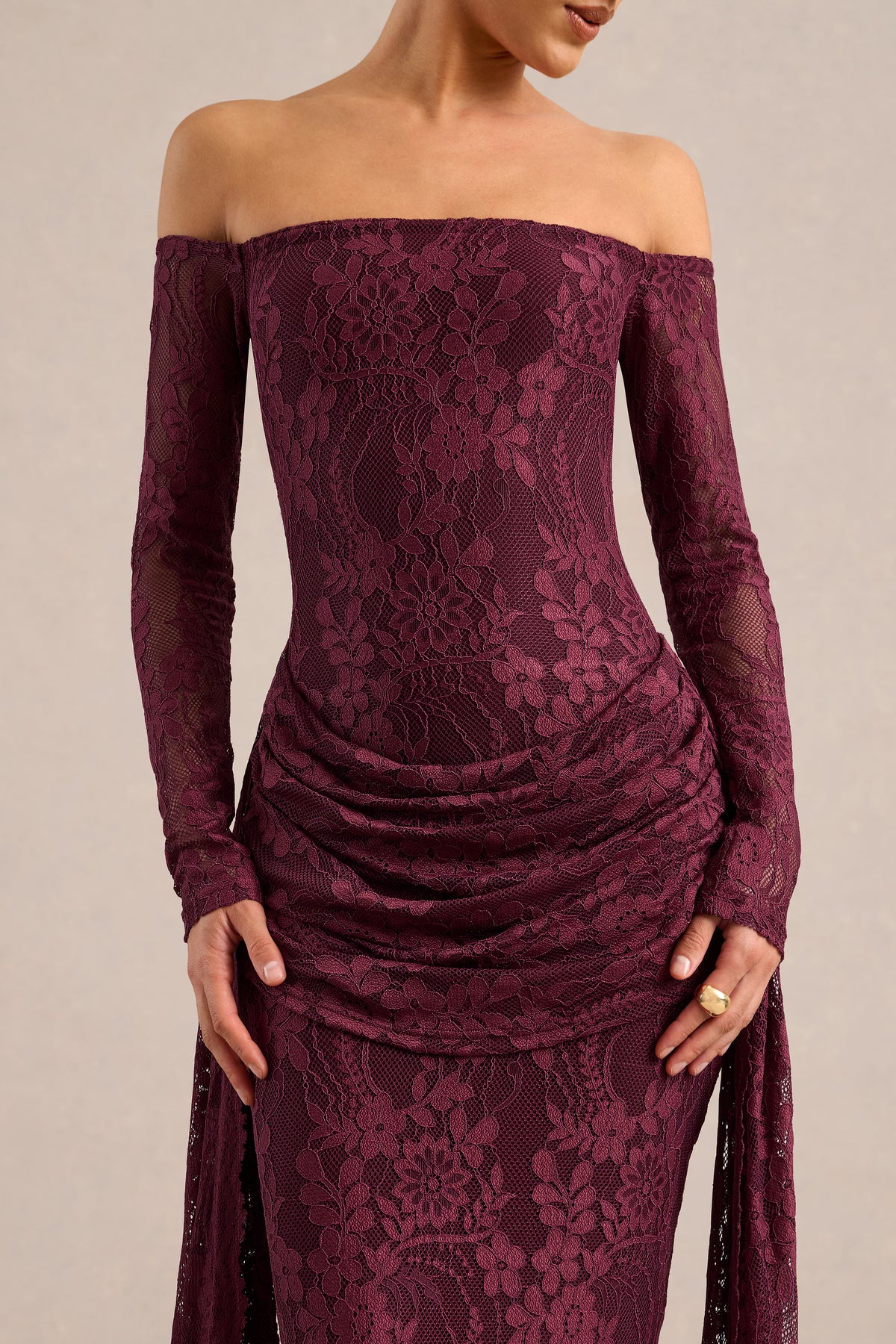 ECM_HR_CL137970102 - Parisse _ Burgundy Lace Bardot-Neck Maxi Dress With Draped-Detailing3.jpg