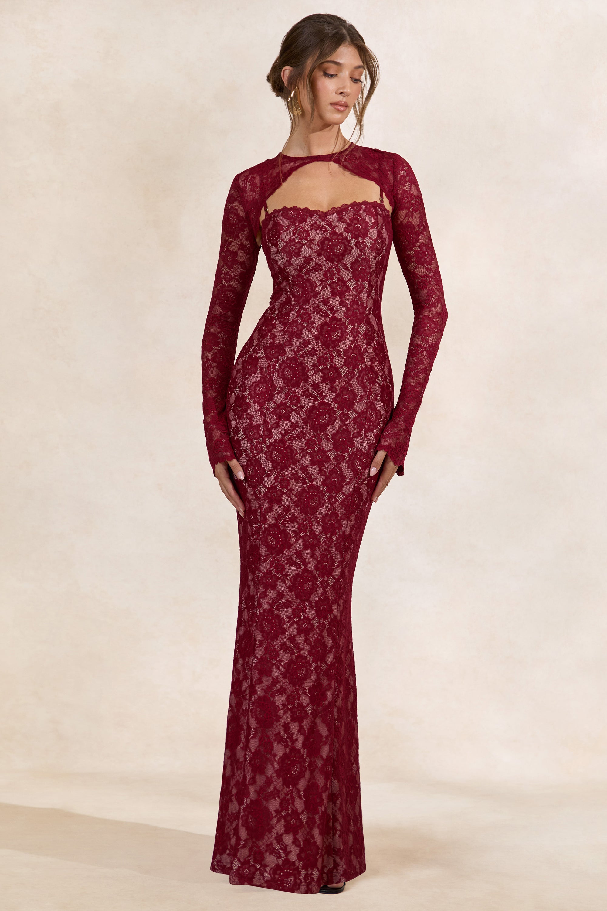 Mirellia | Dark RED Lace Sweetheart-Neck Maxi Dress