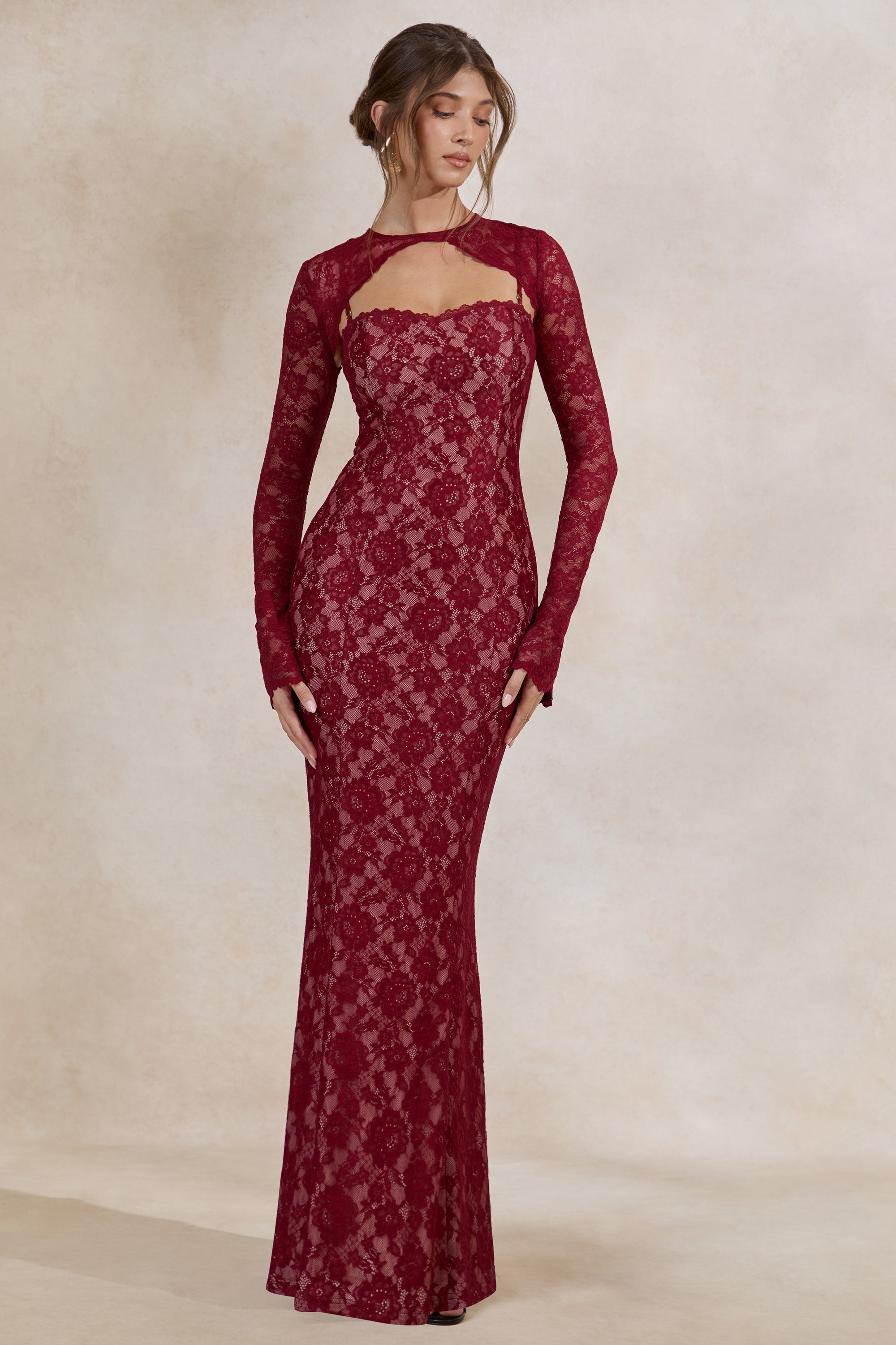 red lace club dress Rose Halterneck Detail Long Sleeve Cupped Mini Bodycon Dress In Red Lace | EGO US