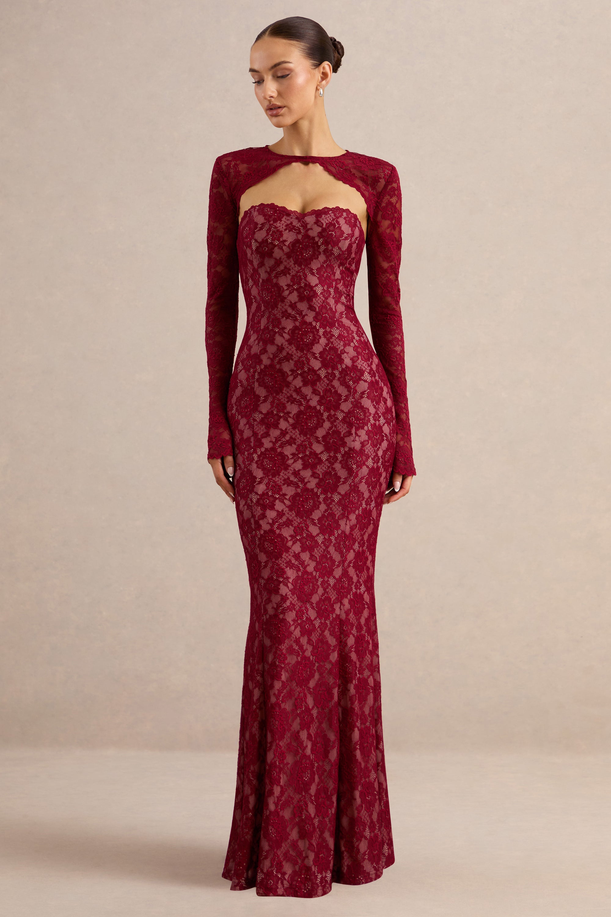 Mirellia | Dark Red Lace Sweetheart-Neck Maxi Dress – Club L London
