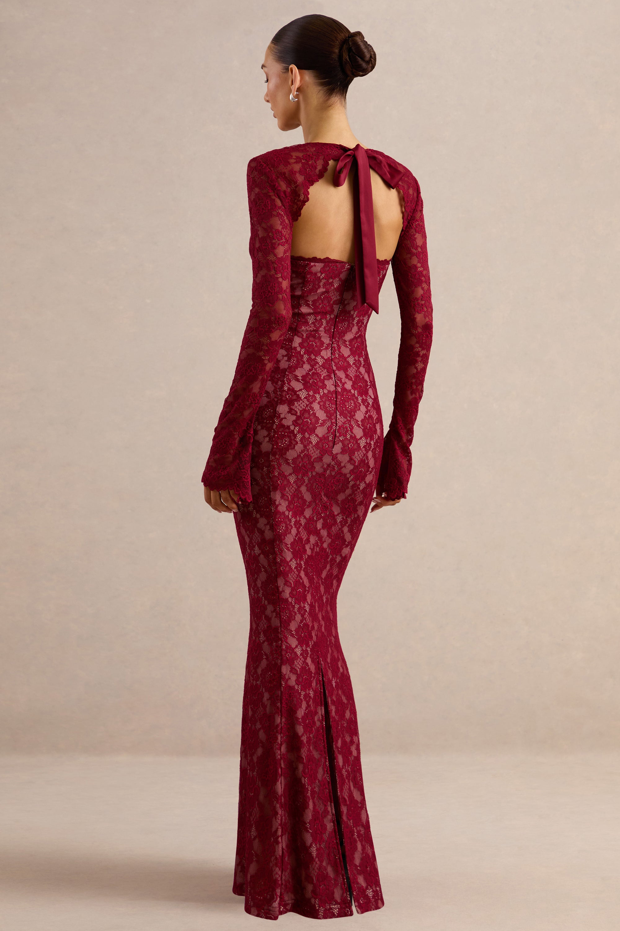 Mirellia | Dark Red Lace Sweetheart-Neck Maxi Dress – Club L London