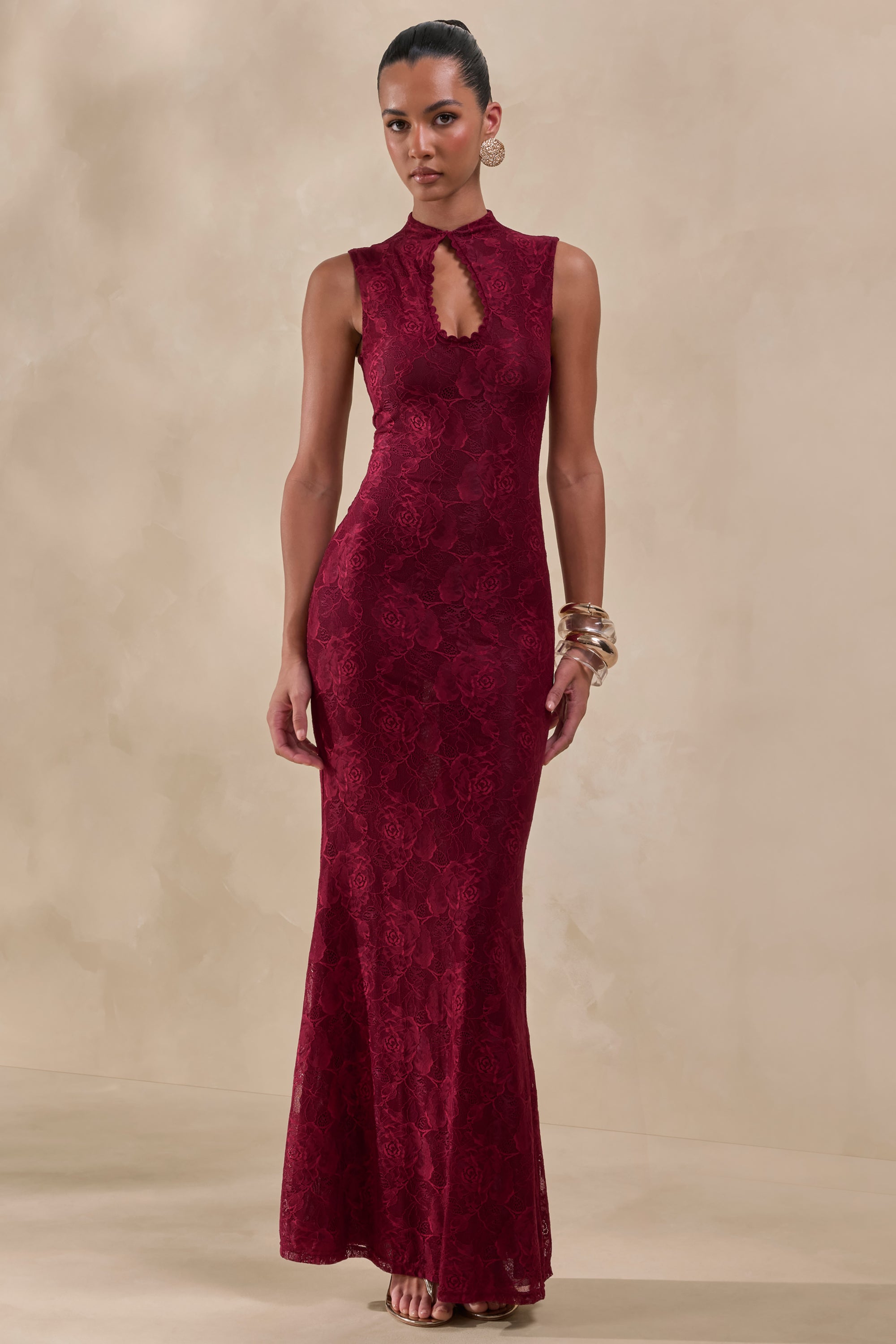 red lace club dress Rose Halterneck Detail Long Sleeve Cupped Mini Bodycon Dress In Red Lace |  EGO US