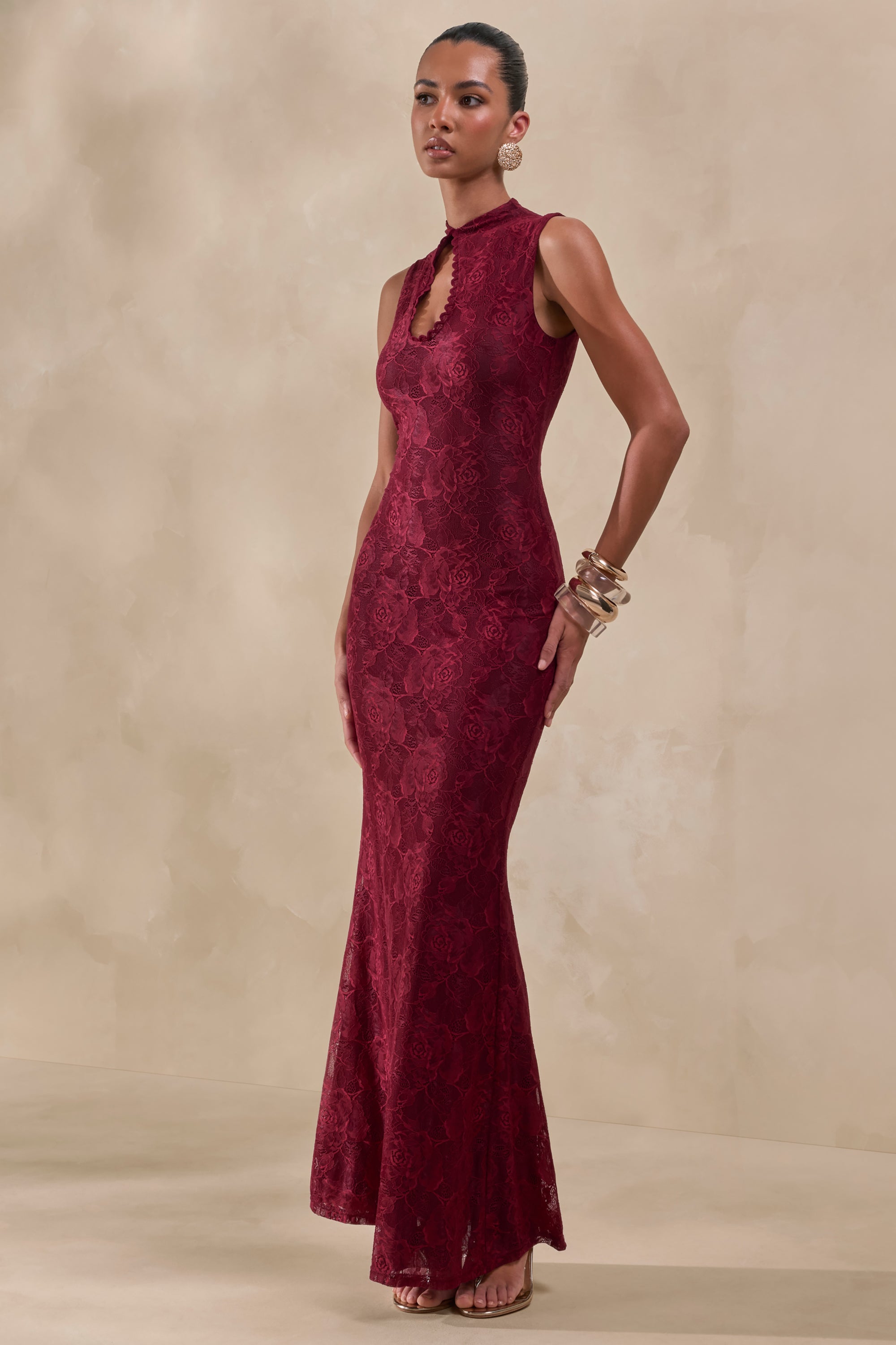 burgundy sleeveless lace dress Ravissa | Burgundy Lace High-Neck Maxi Dress