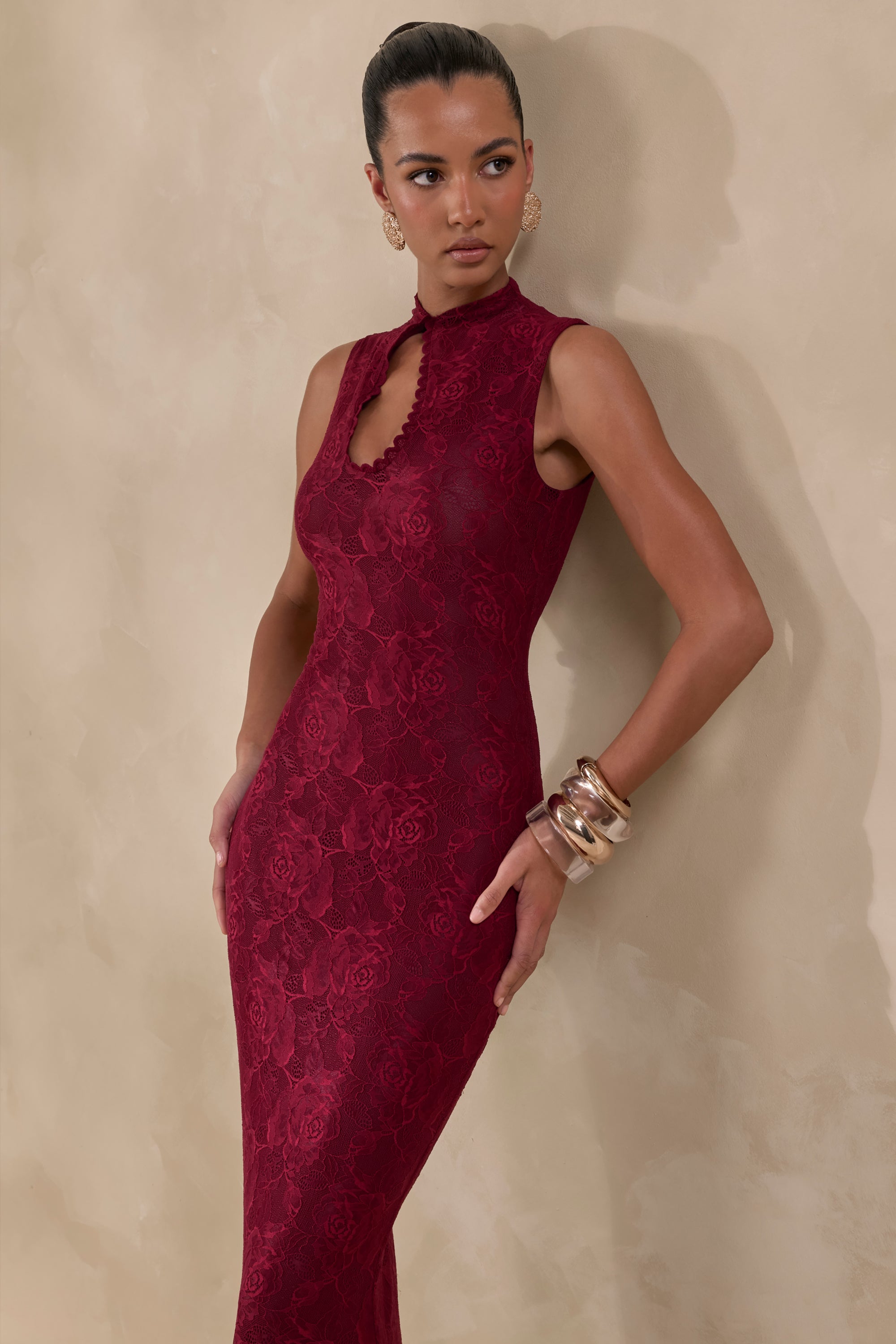 burgundy lace long sleeve maxi dress Long Sleeve Crystal Detail A Line Lace Maxi Dress Burgundy