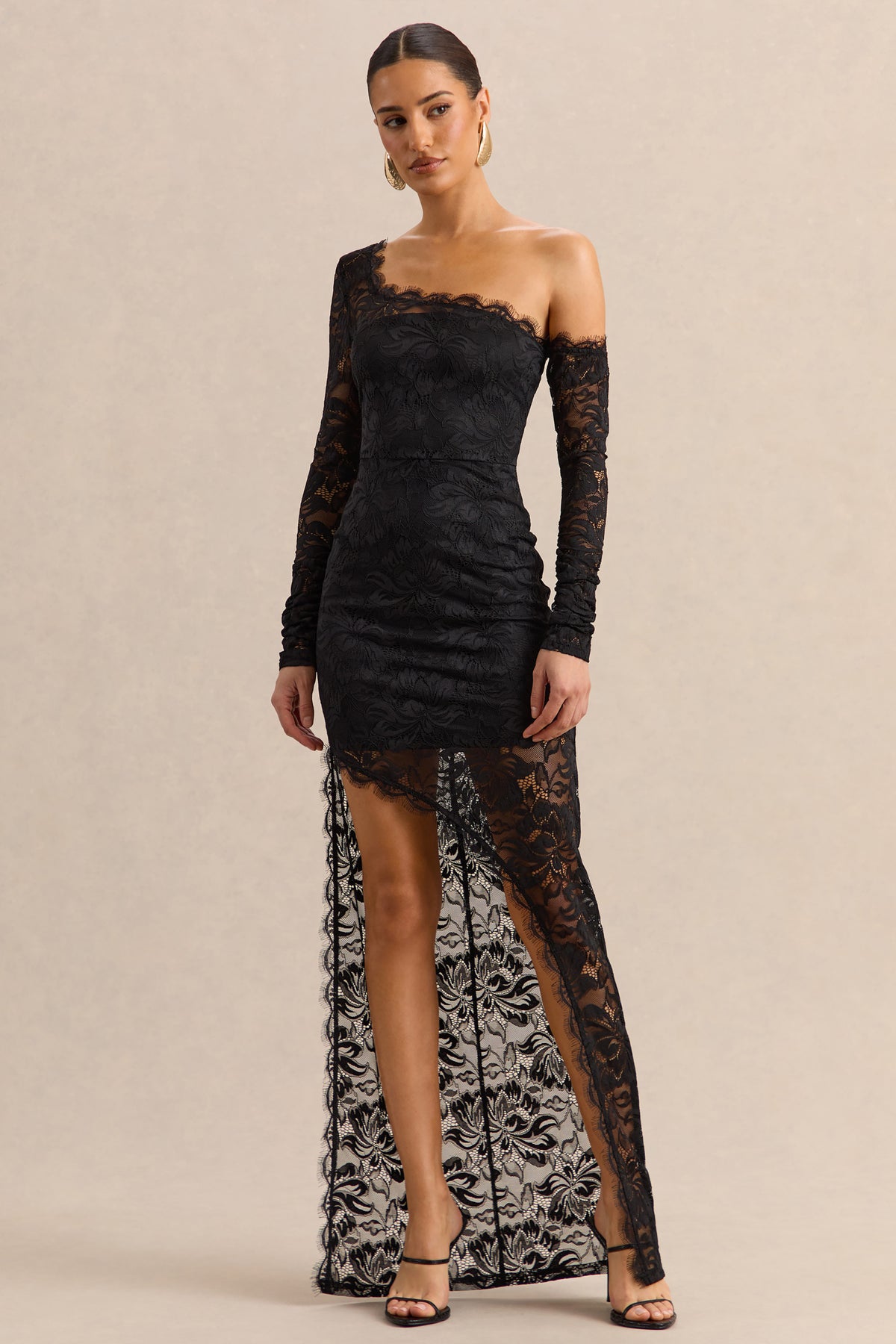 Orlania Black Lace Asymmetric-Neck Maxi Dress With Asymmetric-Hem Club L London - USA Orlania Black Lace Asymmetric-Neck Maxi Dress With Asymmetric-Hem Club L London - USA
