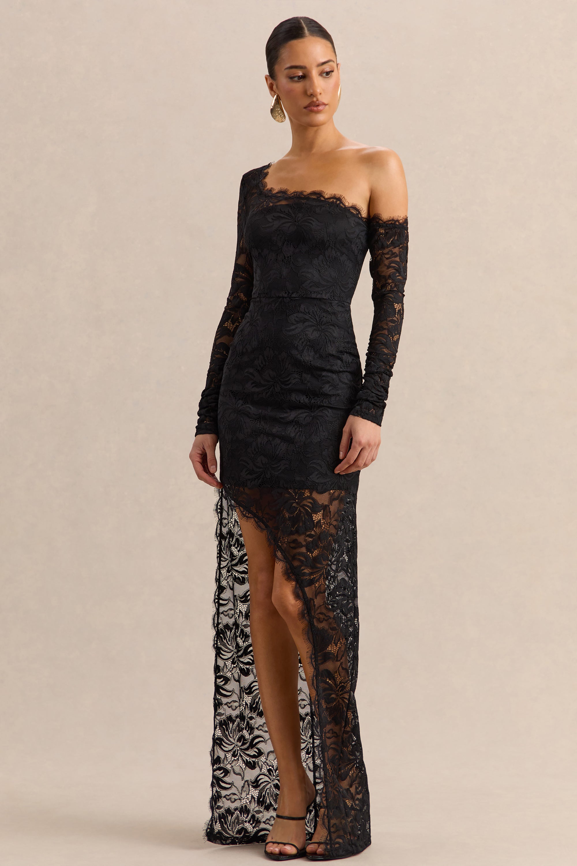 asymmetrical lace maxi dress Ever After Asymmetrical Lace Strapless Maxi Dress, Black / M