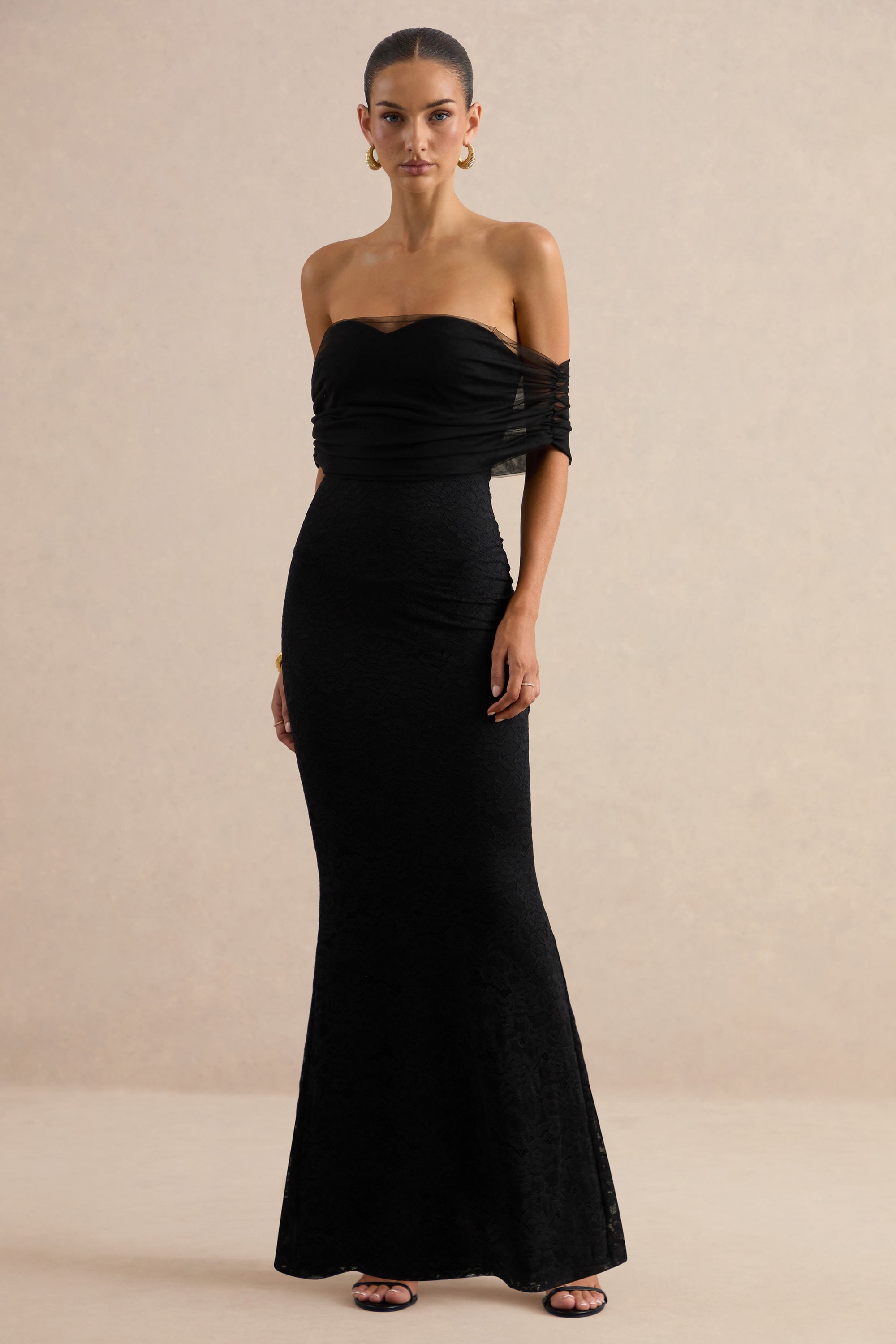 Novessa | Black Lace Bardot-Neck Maxi Dress