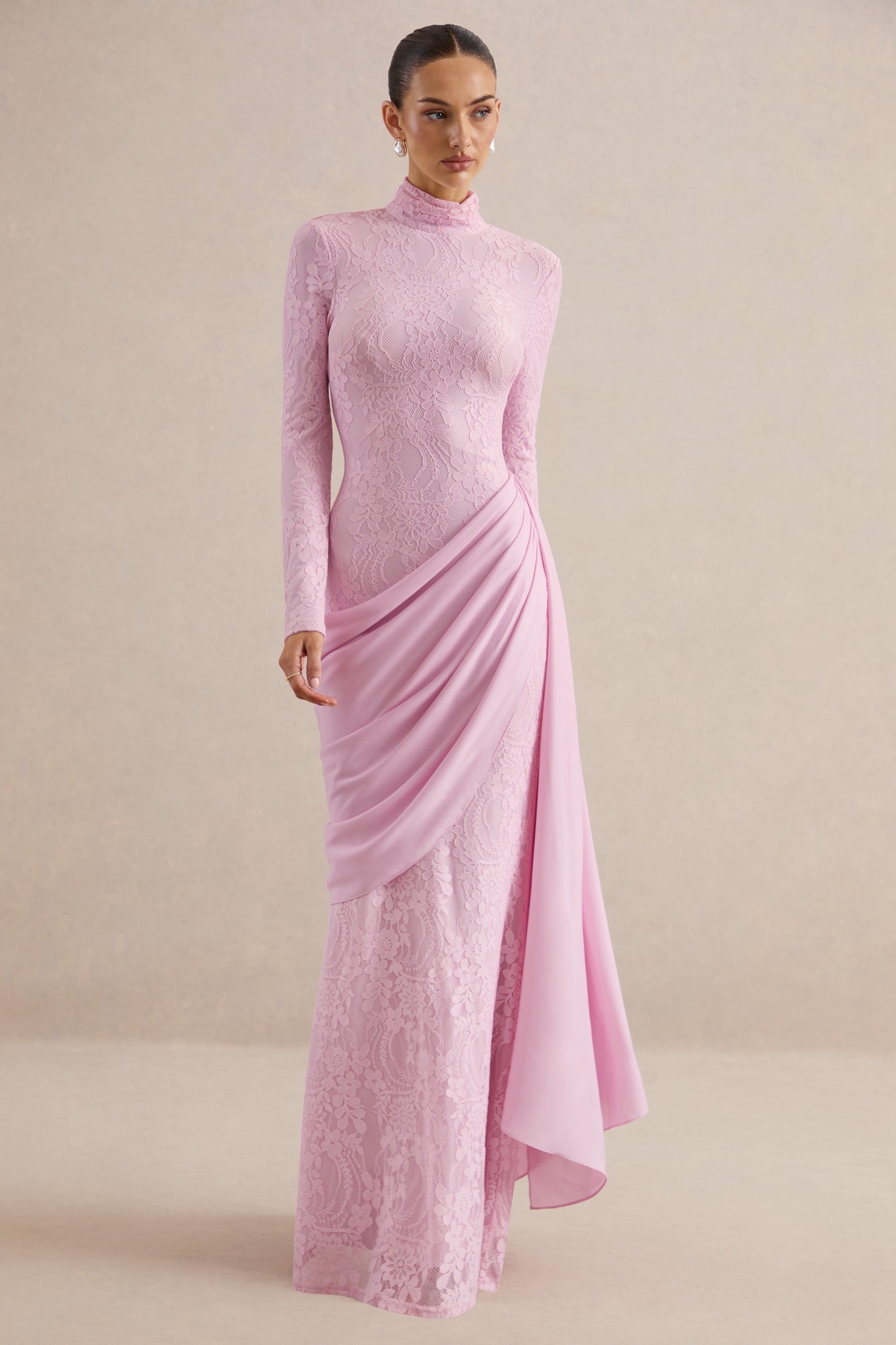 ECM_HR_CL137992084 - Enestra | Pink High-Neck Lace Maxi-Dress With Draped-Skirt 0.jpg
