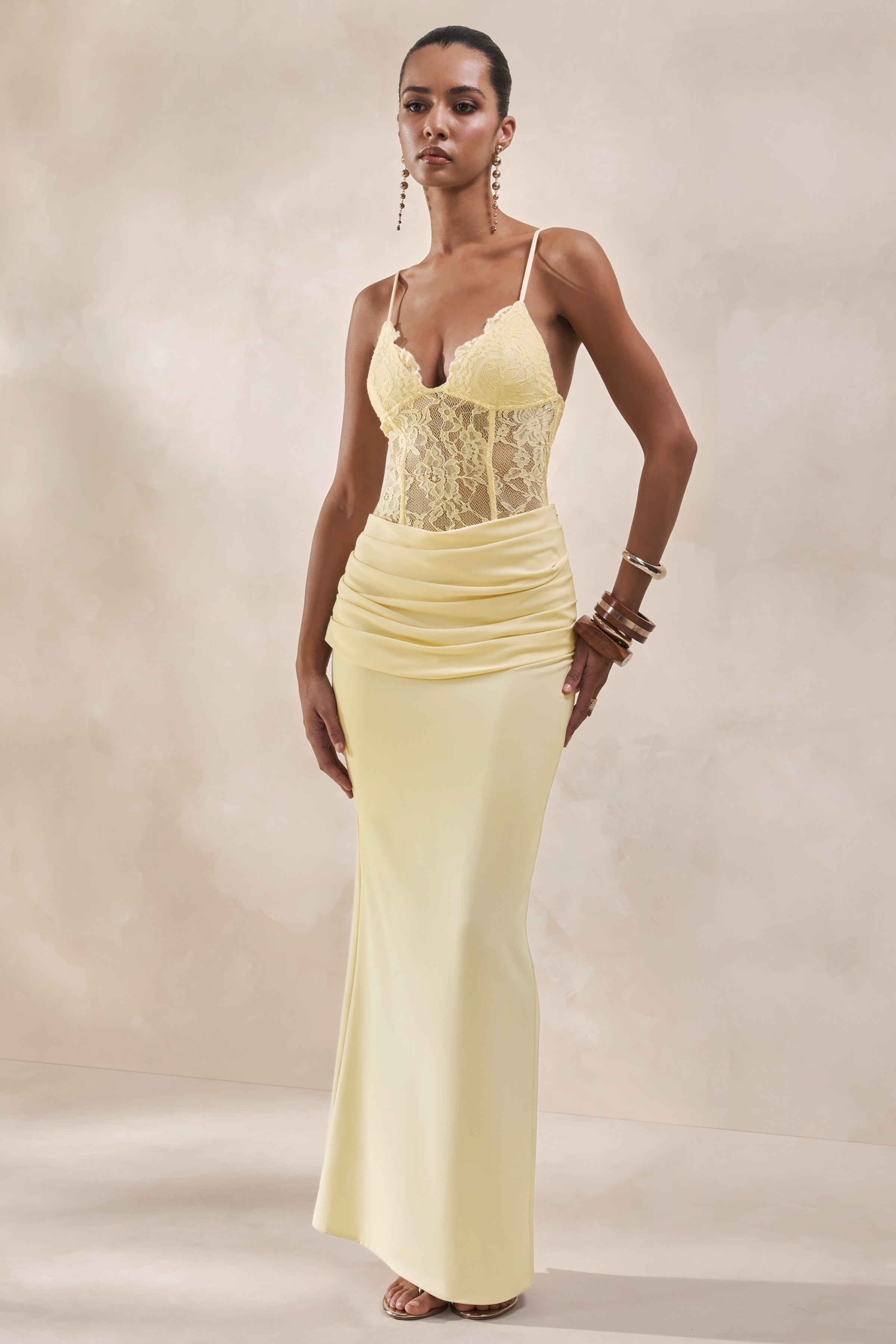 Vionne | Lemon Satin Maxi Skirt With Draped-Detailing – Club L
