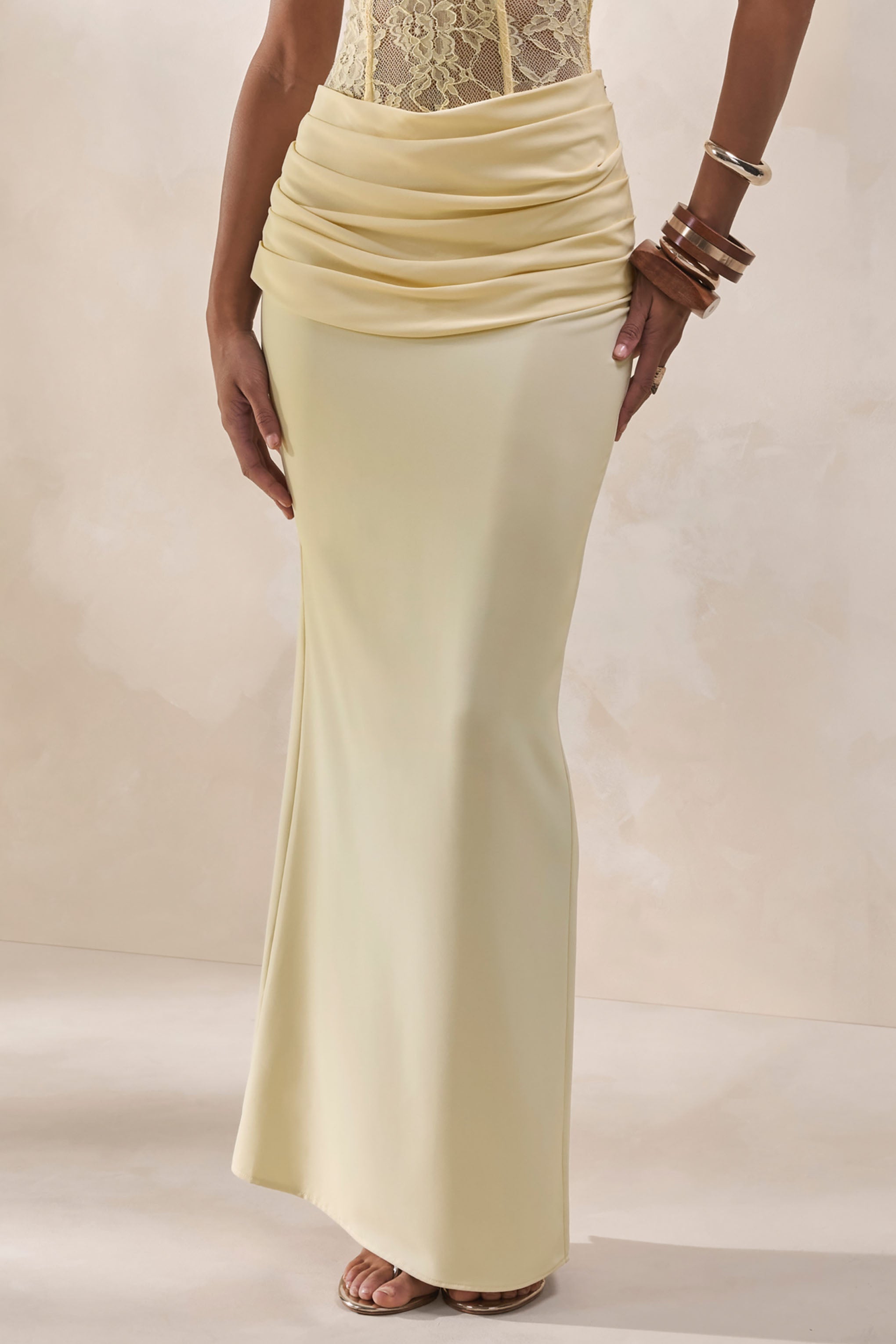Vionne | Lemon Satin Maxi Skirt With Draped-Detailing – Club L