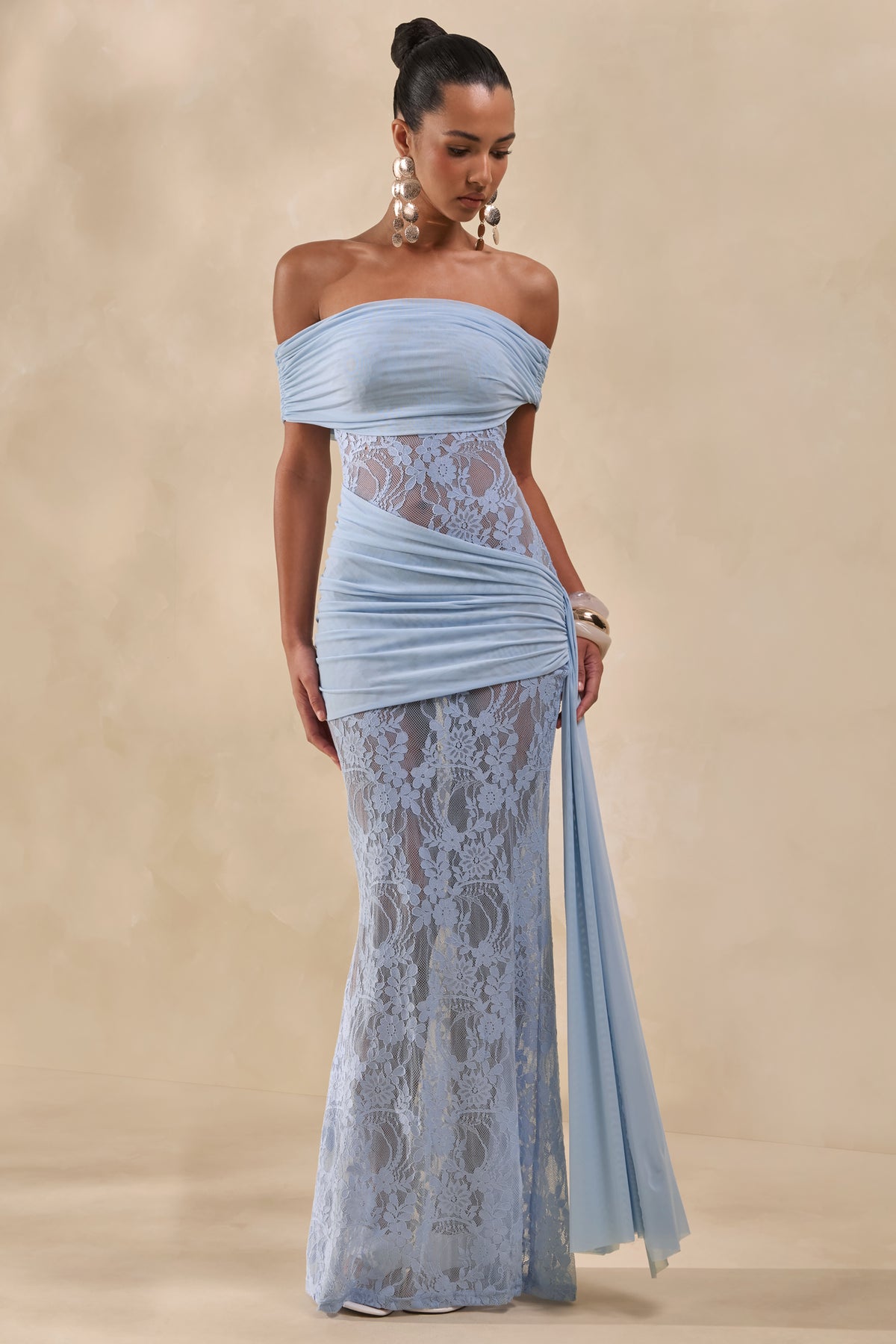 Enavine Powder Blue Lace Bardot-Neck Maxi Dress With Gathered-Detail – Club  L London