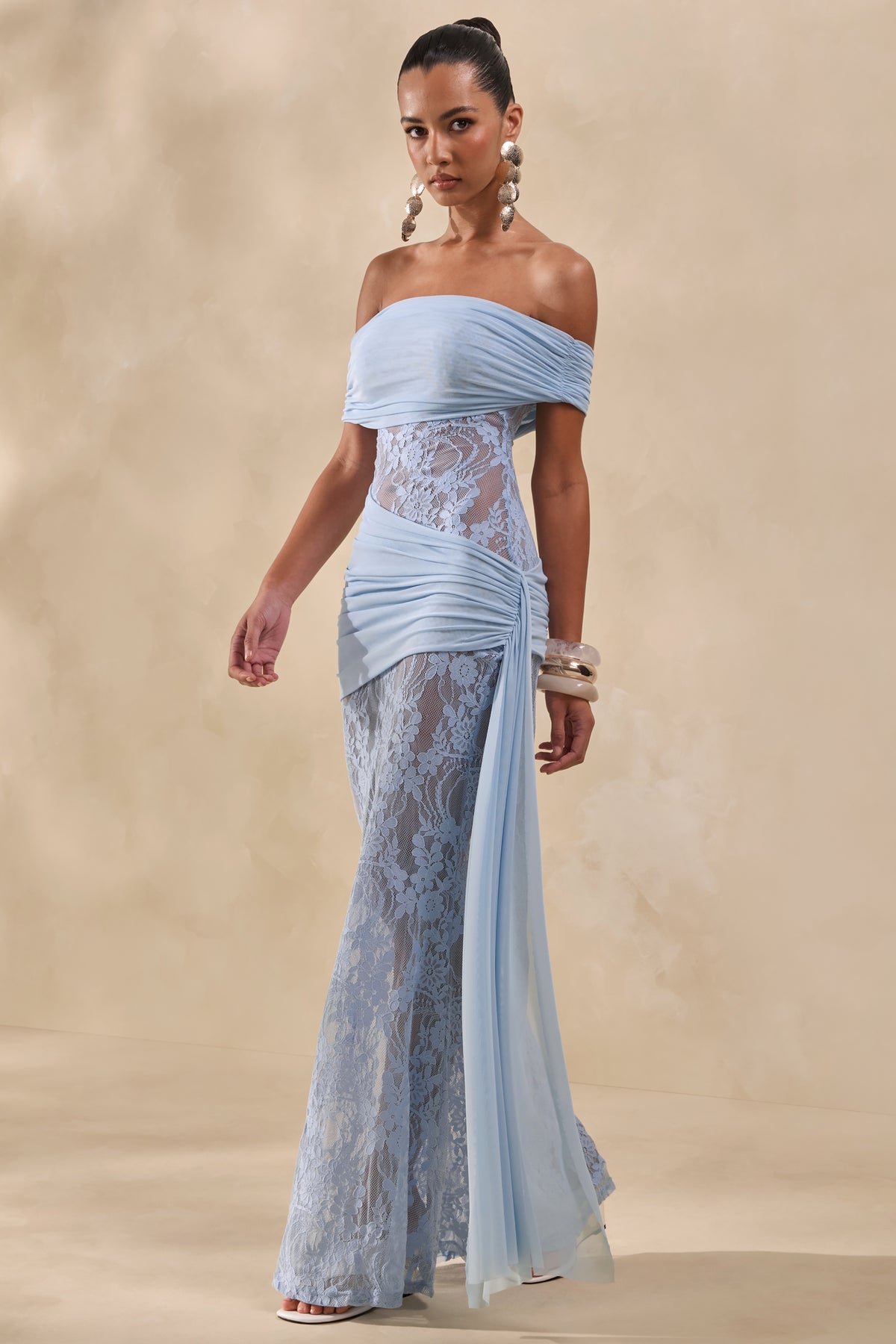 Enavine Powder Blue Lace Bardot-Neck Maxi Dress With Gathered-Detail Club L London - USA Enavine Powder Blue Lace Bardot-Neck Maxi Dress With Gathered-Detail Club L London - USA