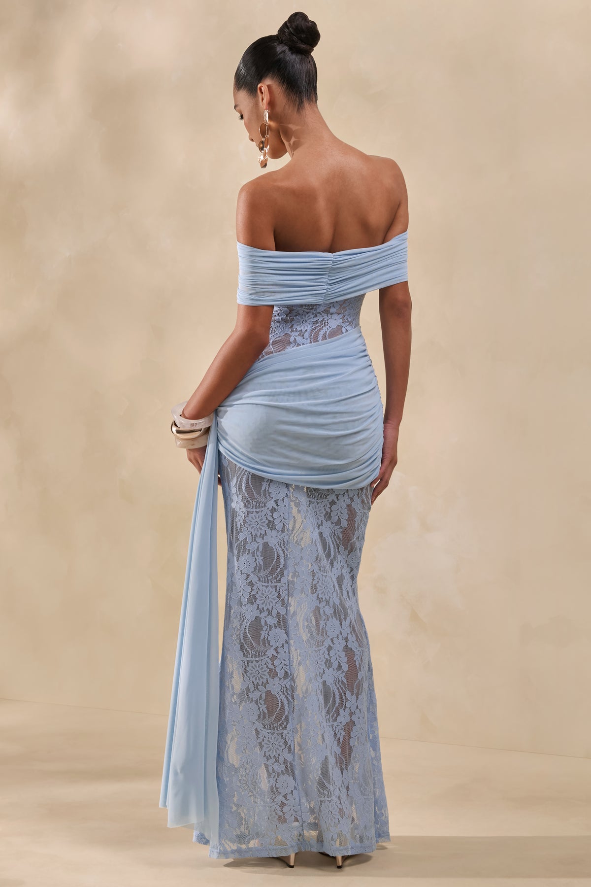 Enavine Powder Blue Lace Bardot-Neck Maxi Dress With Gathered-Detail – Club  L London
